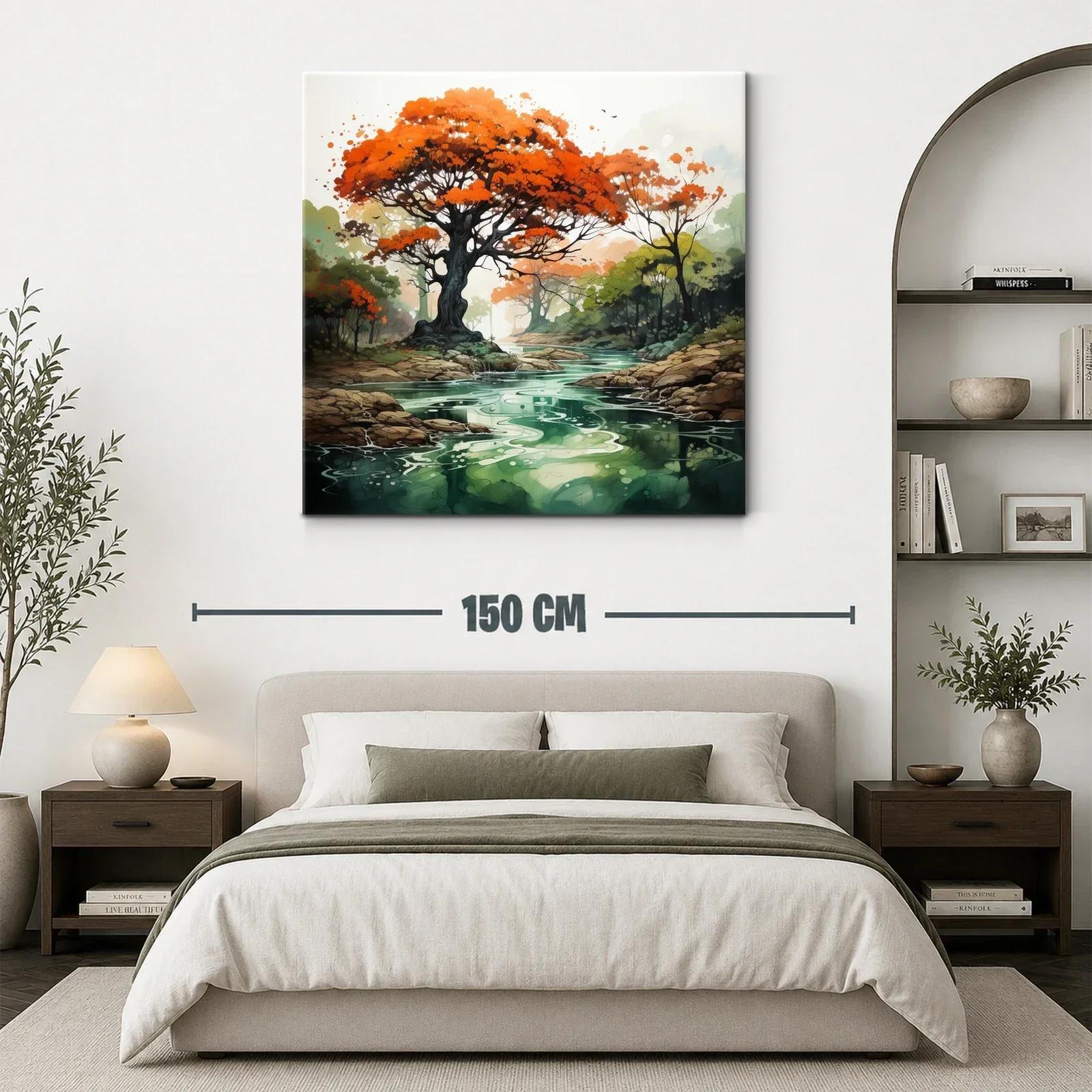 Árbol con follaje rojo sobre río sereno en paisaje natural — miniatura 3