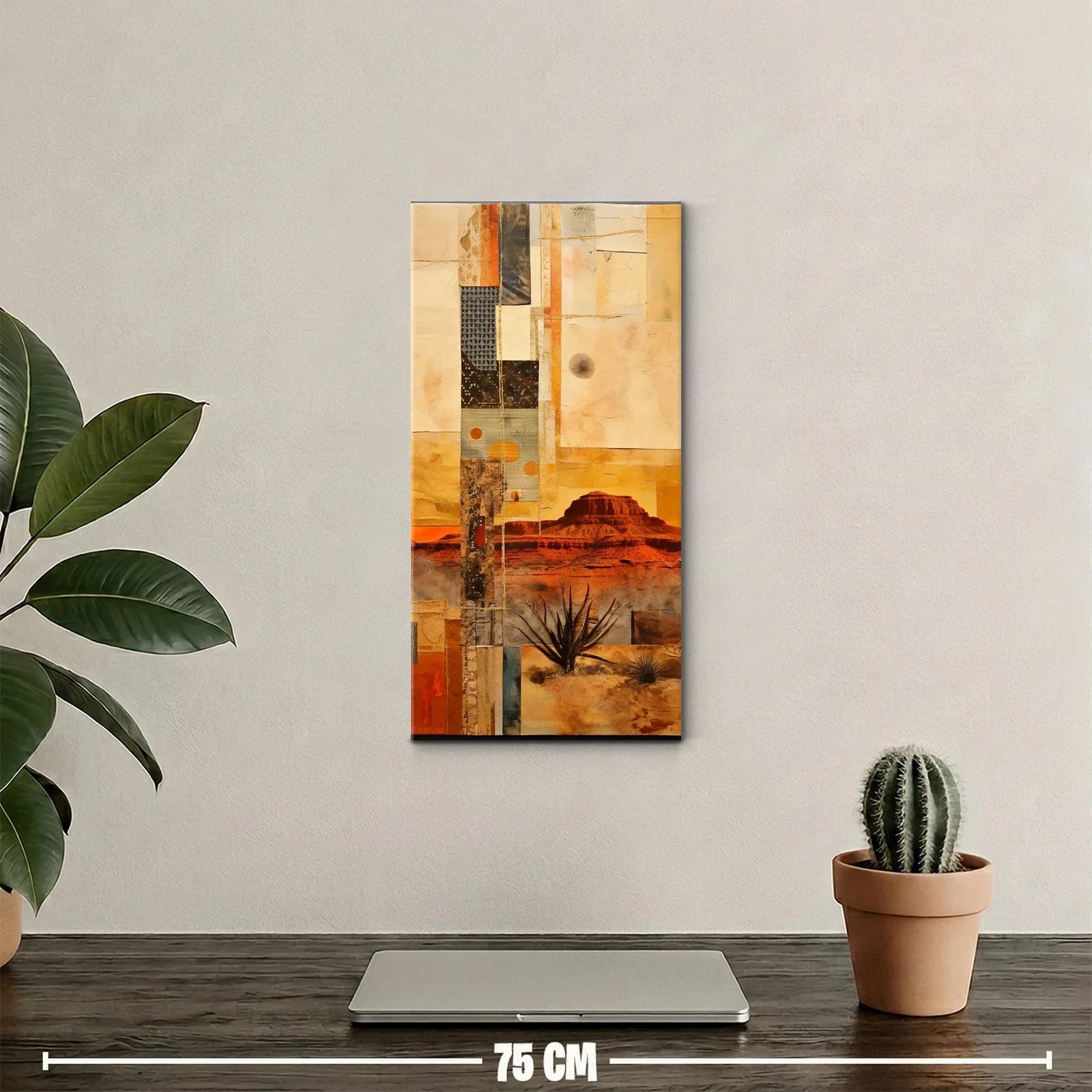 Cuadro paisaje desértico con meseta rocosa y collage geométrico — miniatura 2