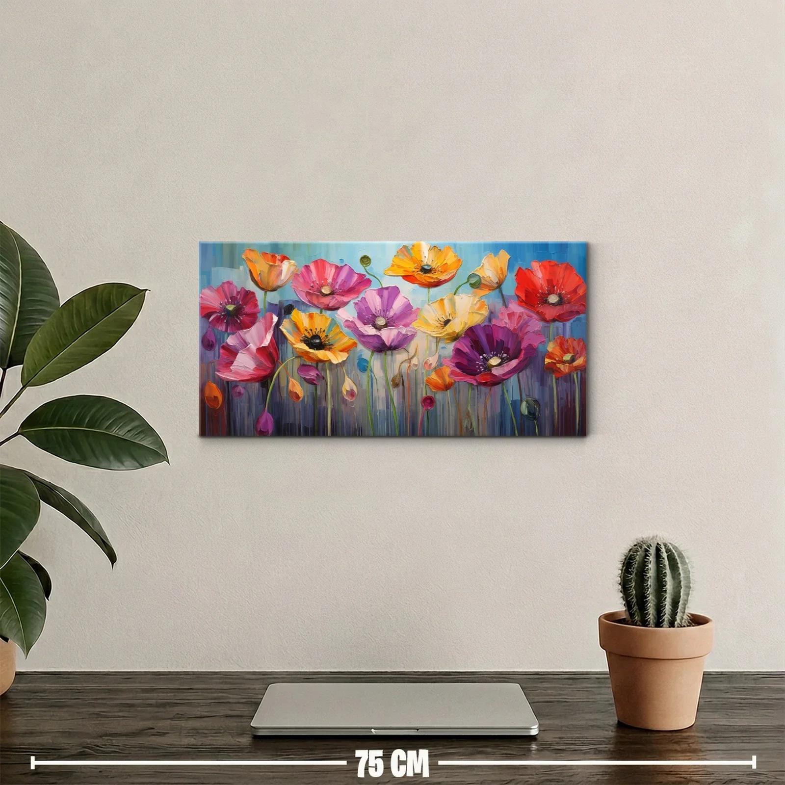 Cuadro amapolas de colores con fondo azul y malva — miniatura 2