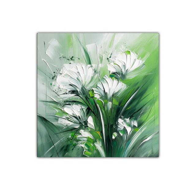 Cuadro floral abstracto con tonos verdes y blancos