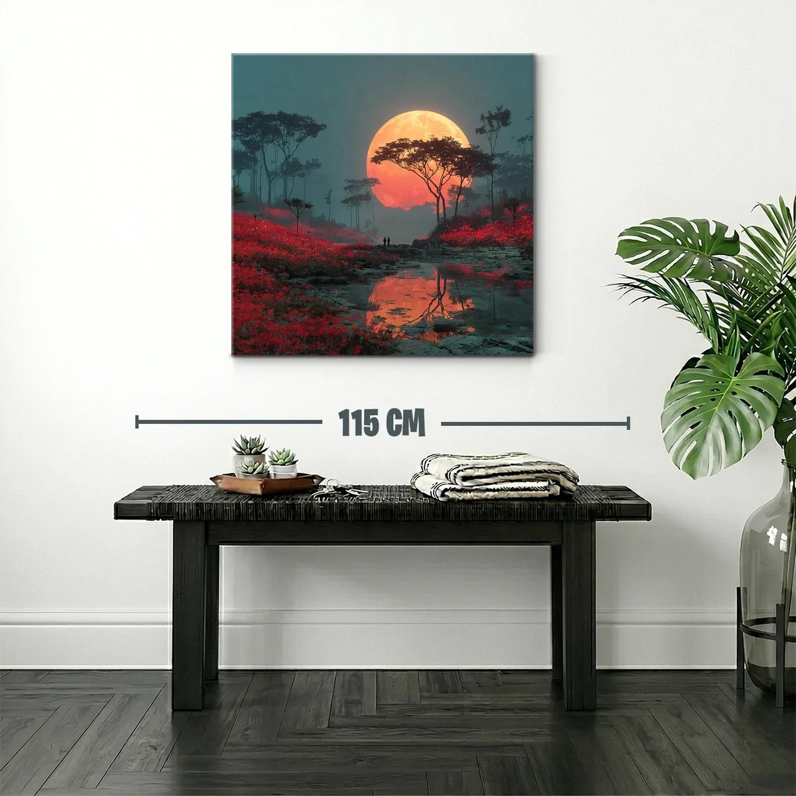 Paisaje nocturno con luna llena y campo rojo vibrante — miniatura 2