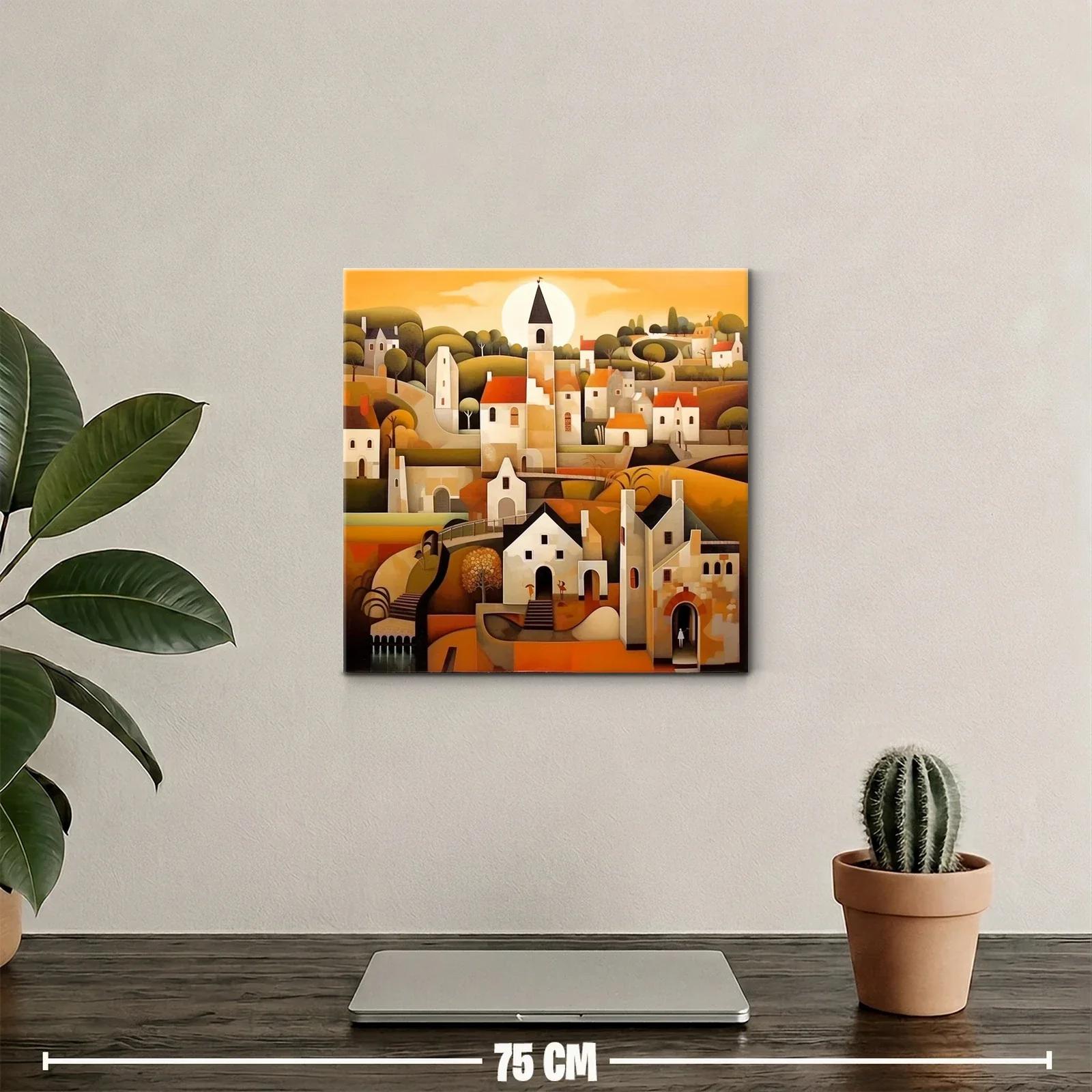 Paisaje urbano con casas y campanario al atardecer — miniatura 2