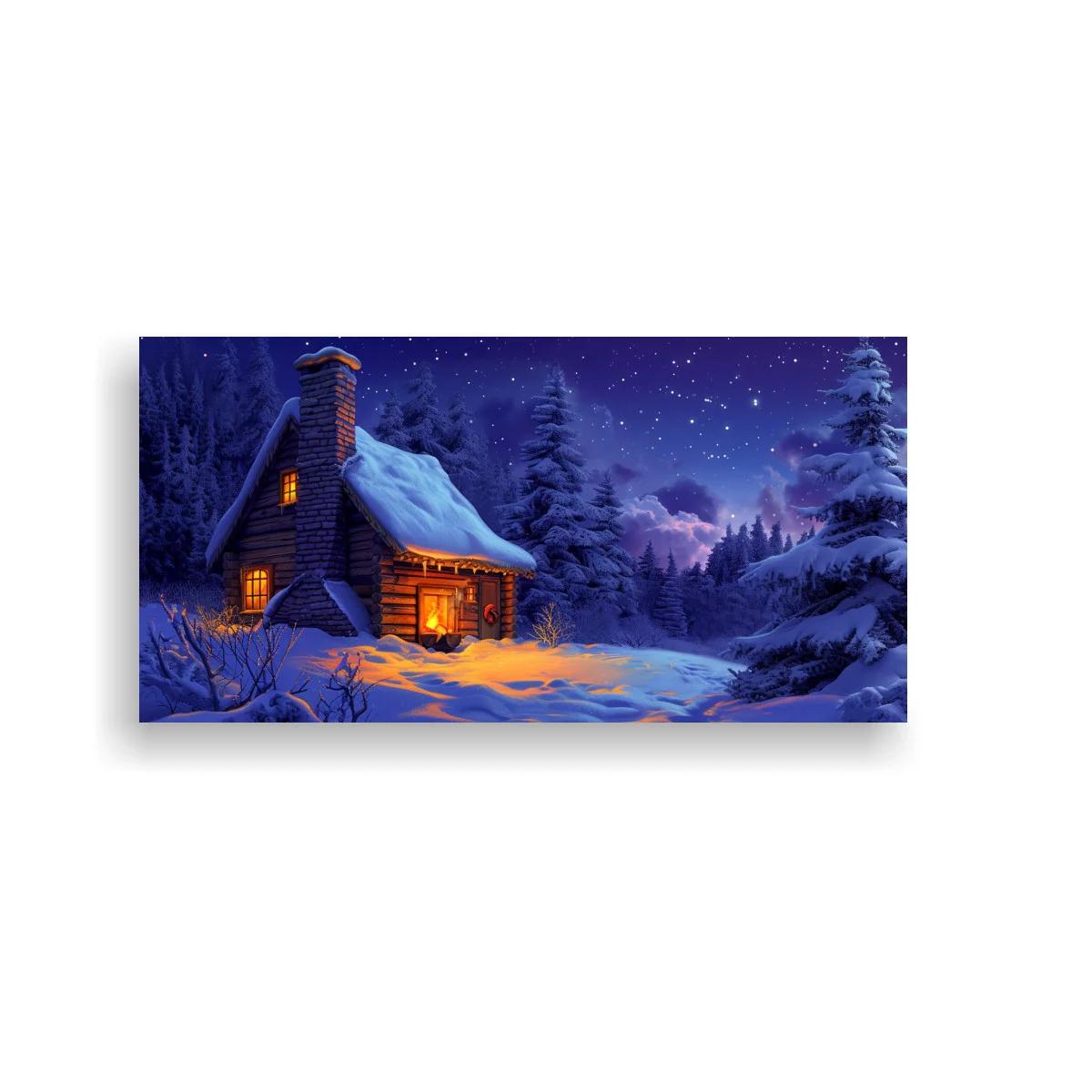 Cuadro cabaña nevada con cielo estrellado
