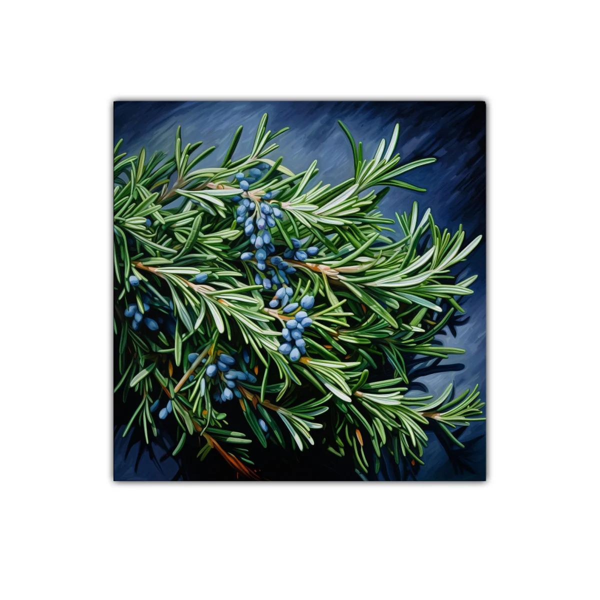 Ramas de plantas verdes con frutos azules en contraste oscuro