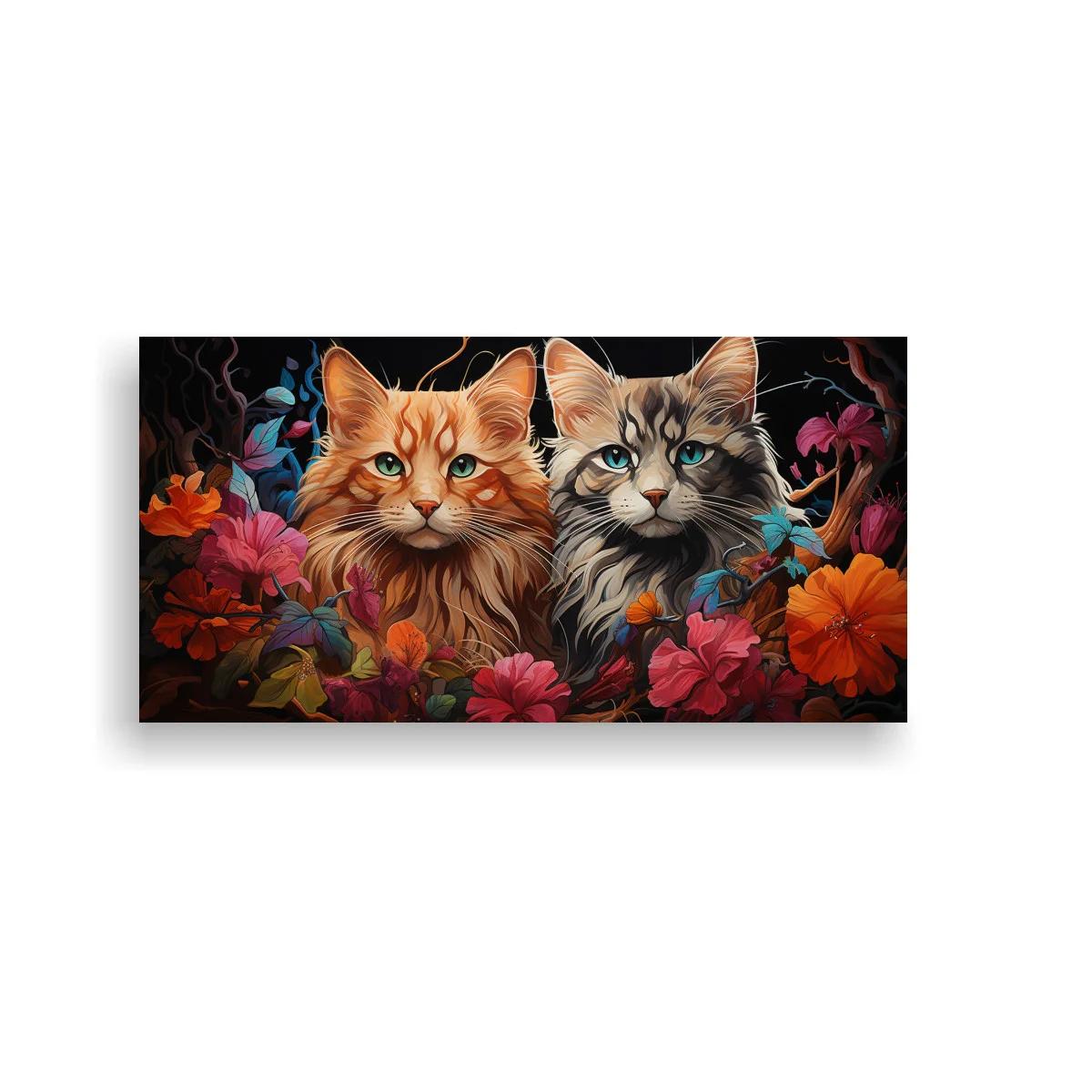 Cuadro dos gatos de pelo largo entre flores tropicales