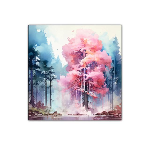 Árbol rosa vibrante en bosque de ensueño matutino