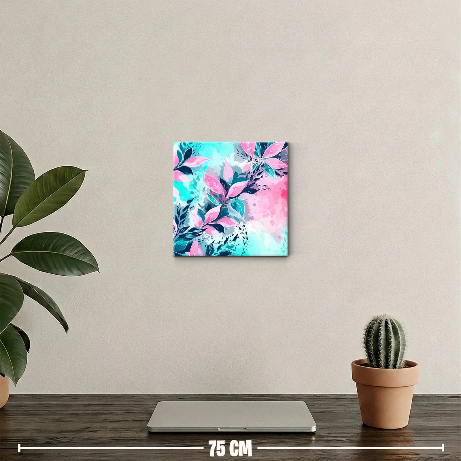 Cuadro decorativo con hojas en tonos rosa y azul vibrante — miniatura 2