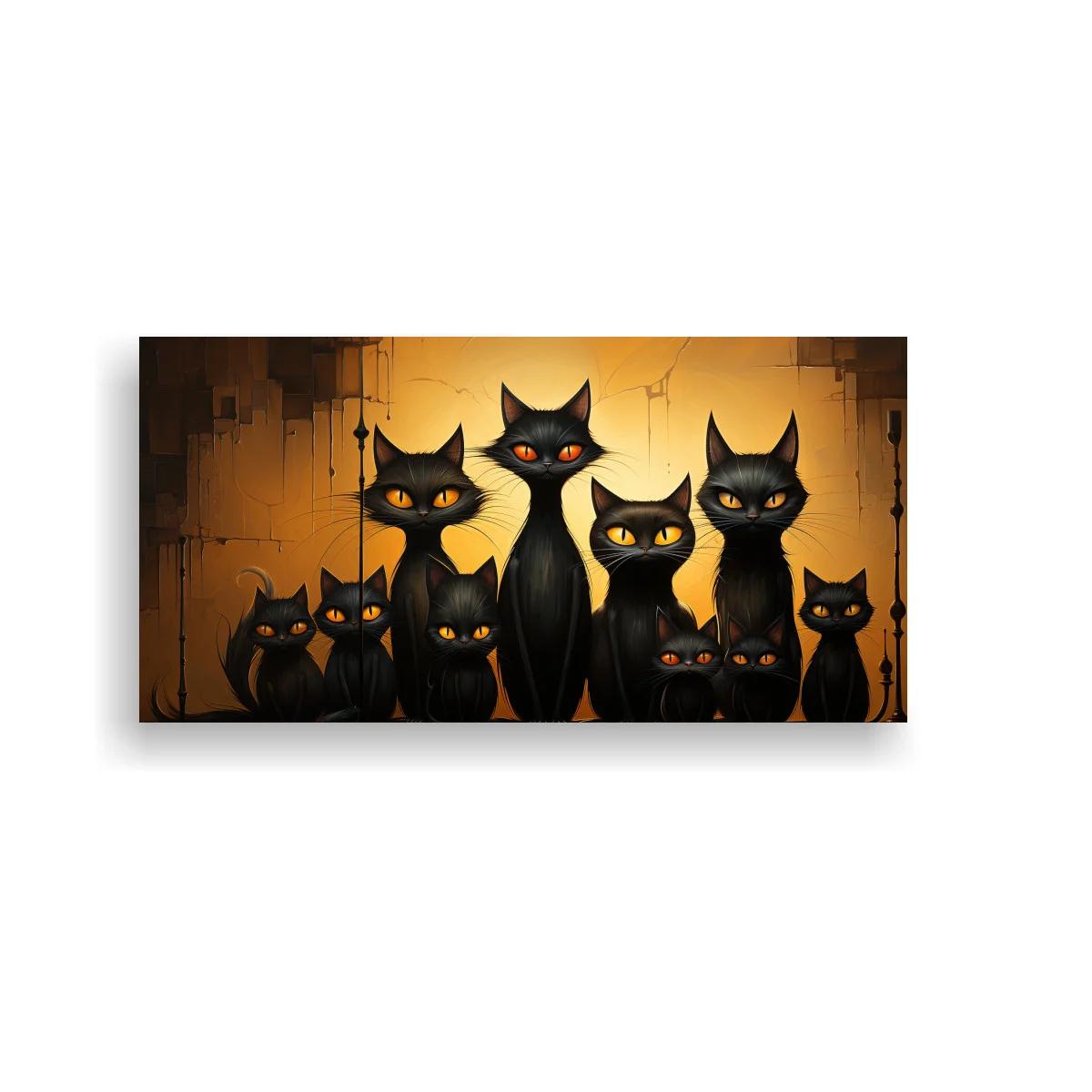 Cuadro gatos negros de ojos brillantes con textura agrietada