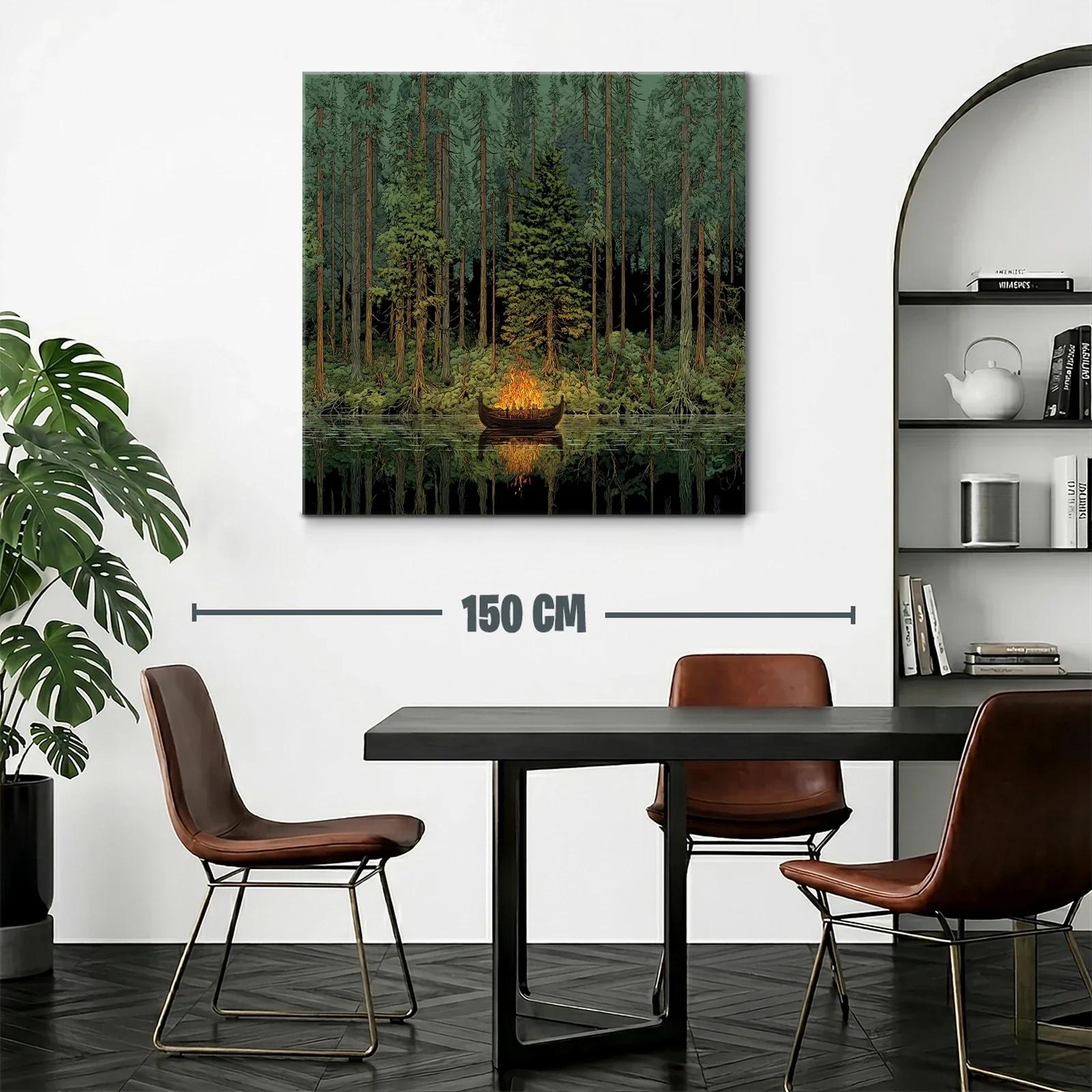 Bosque profundo con barca en fuego sobre agua tranquila — miniatura 2