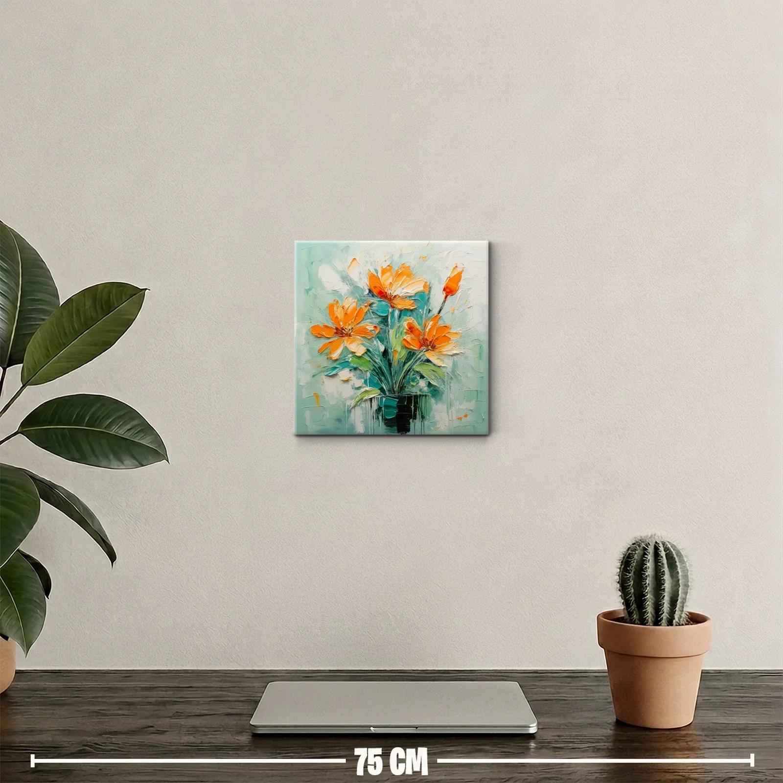 Cuadro floral vibrante con tonos naranjas y verdes — miniatura 2