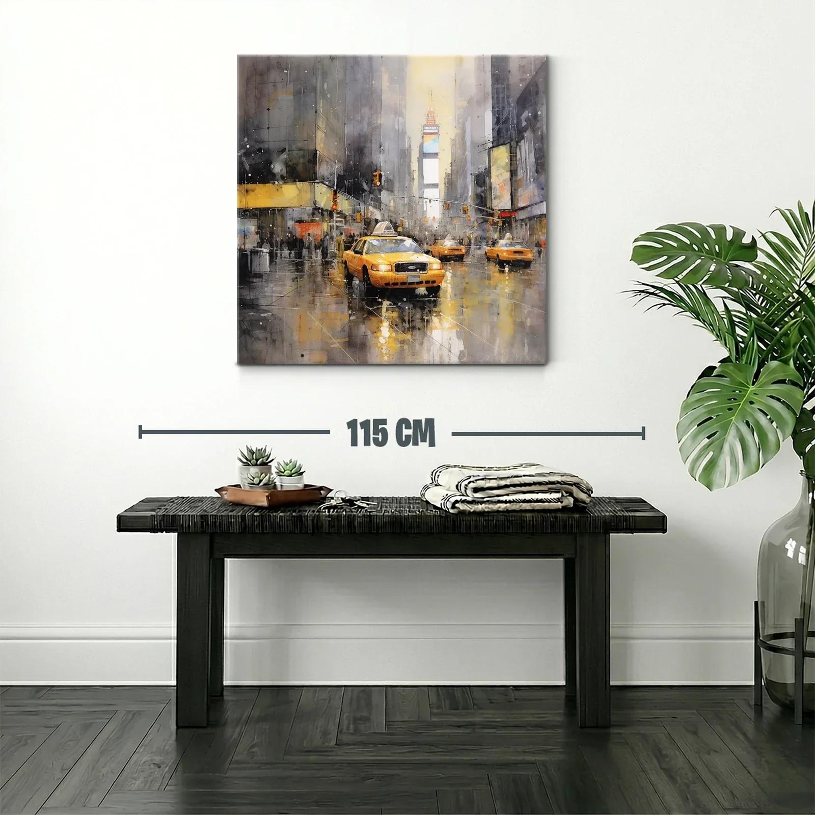 Cuadro urbano con taxis amarillos y reflejos en la lluvia — miniatura 2