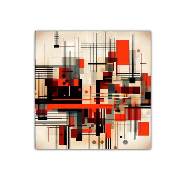 Composición abstracta con líneas y formas geométricas en rojo y negro