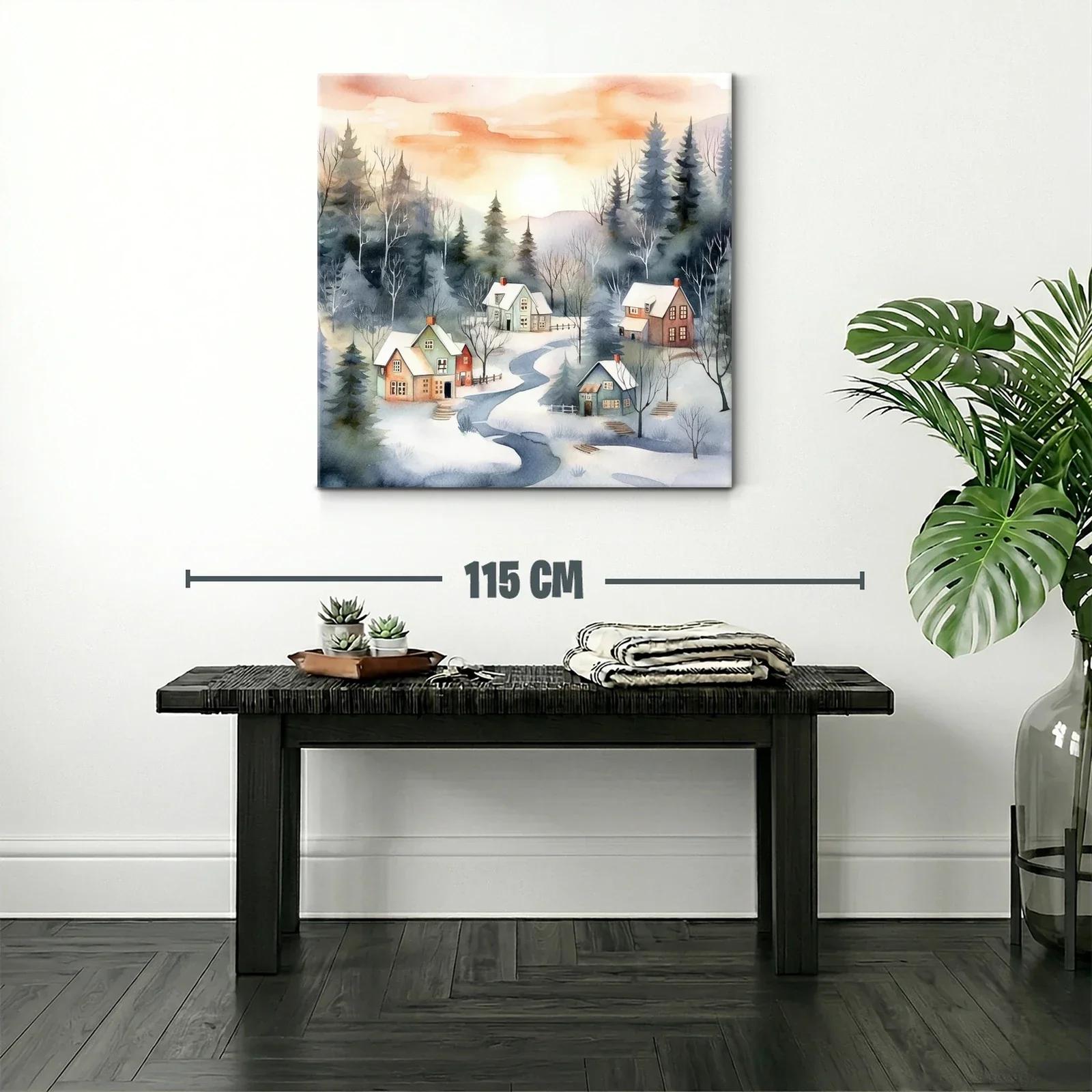 Paisaje invernal con riachuelos y cabañas al amanecer — miniatura 2