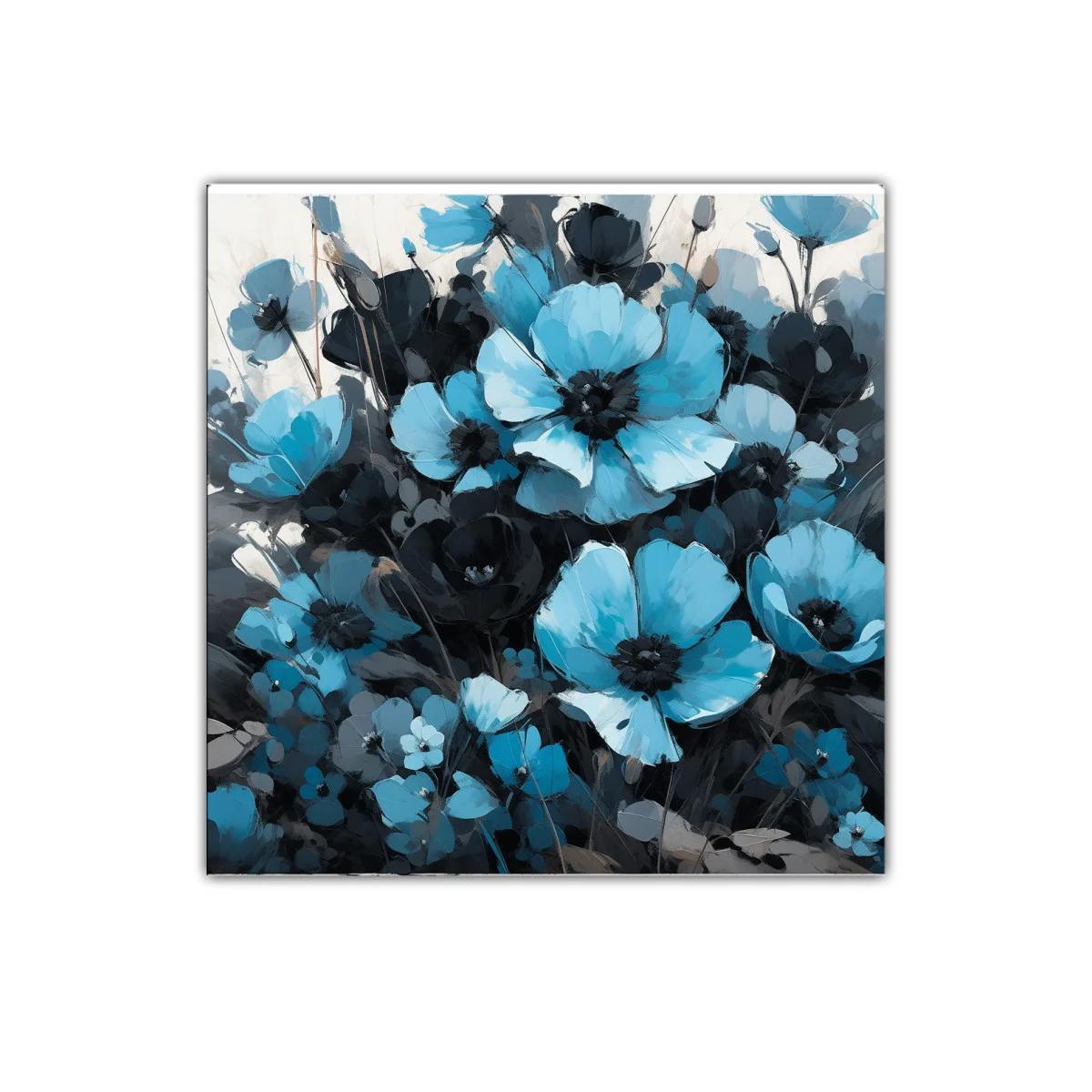 Cuadro floral con flores azules y tonos oscuros