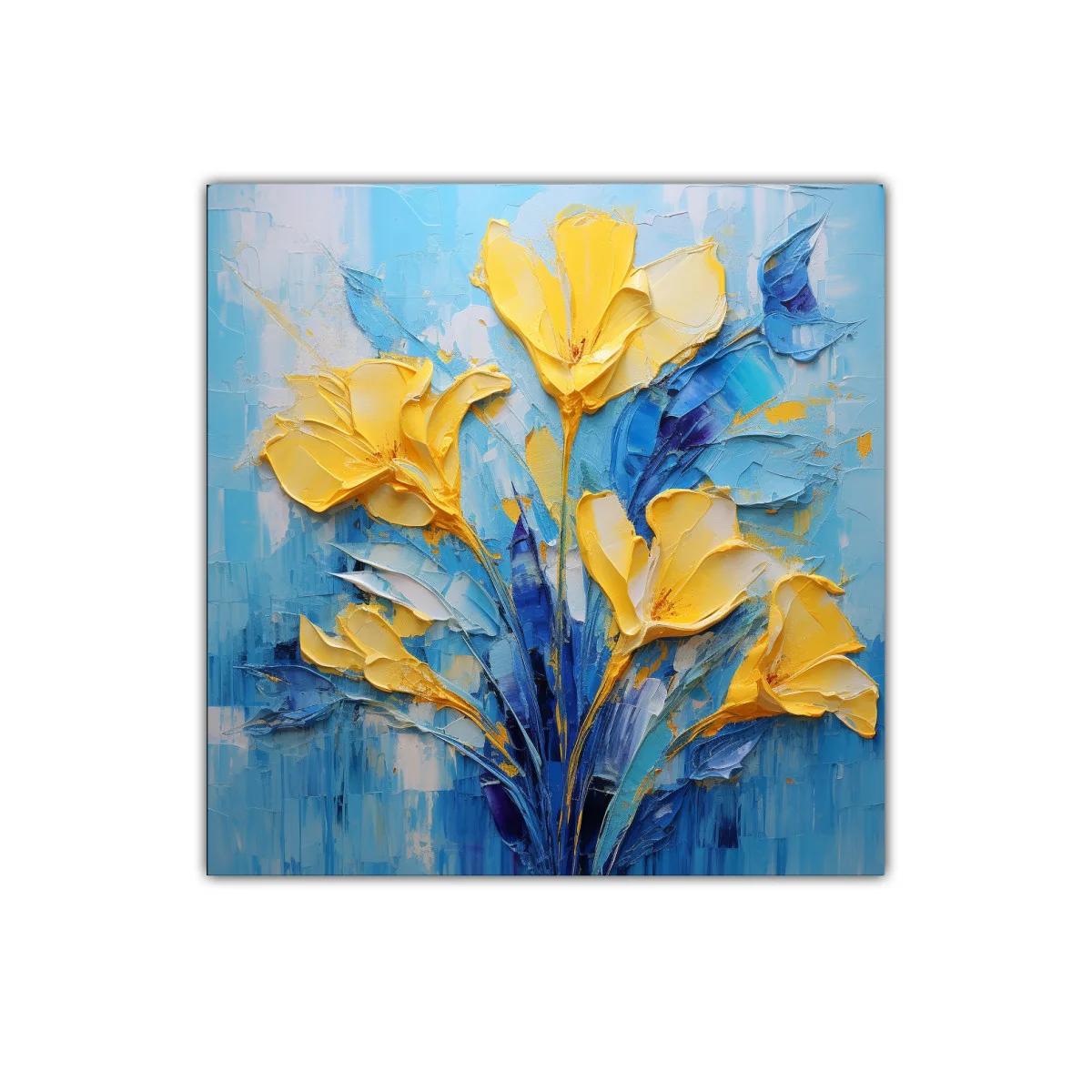 Cuadro floral vibrante con tonos amarillos y azules