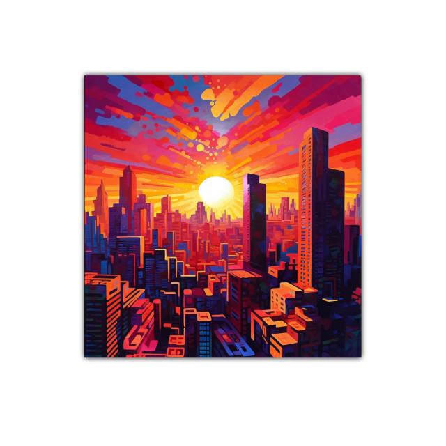 Atardecer vibrante sobre ciudad moderna llena de energía