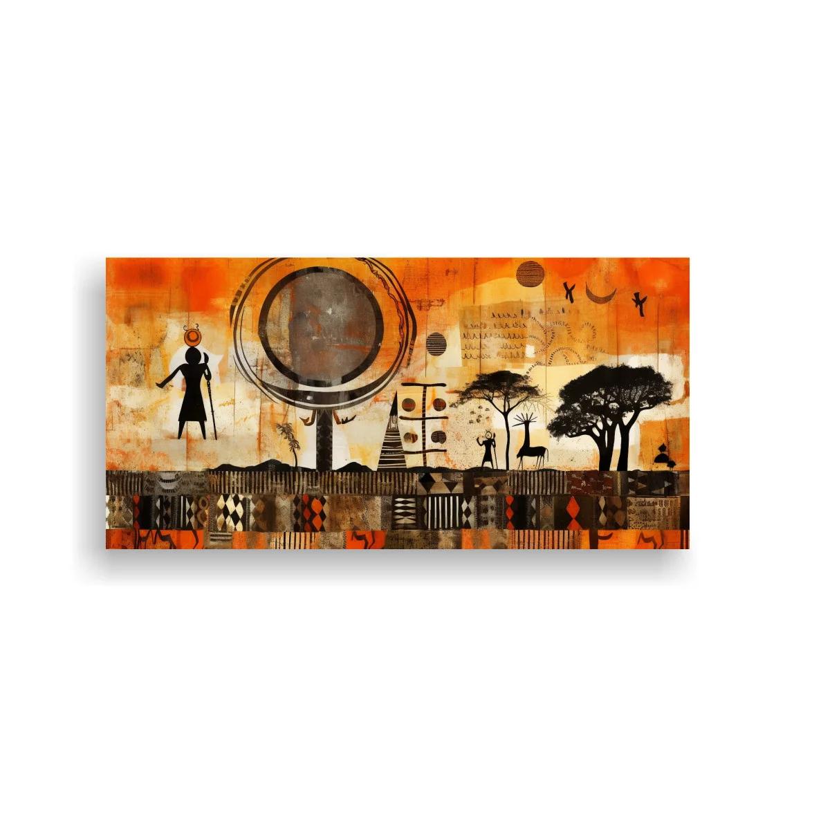 Cuadro escena africana con figura femenina y gran disco solar