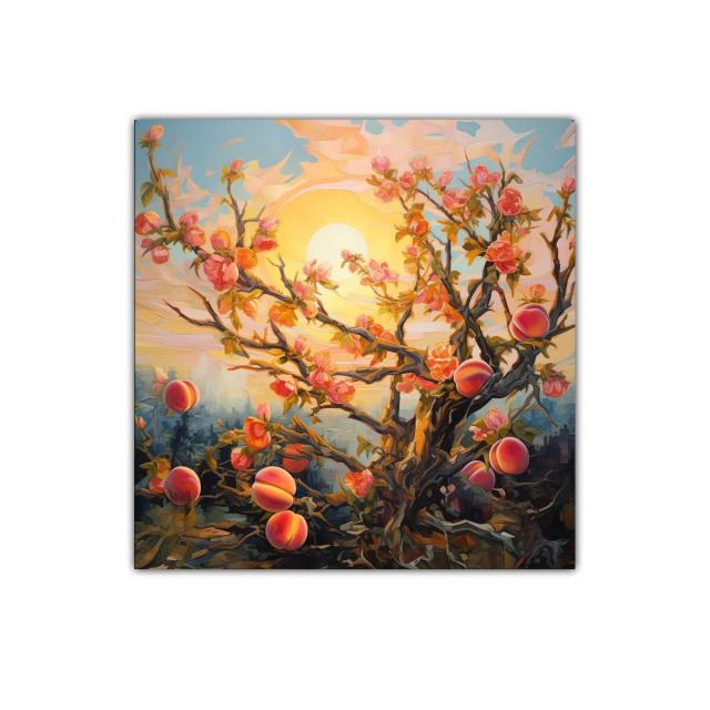 Árbol de duraznos en flor bajo la luz del atardecer