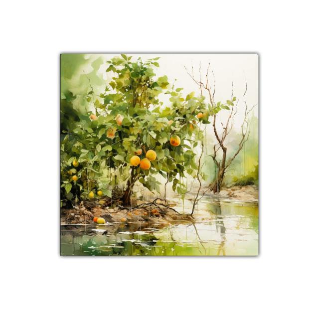 Cuadro paisaje natural con árboles y frutos en tonos verdes y naranjas