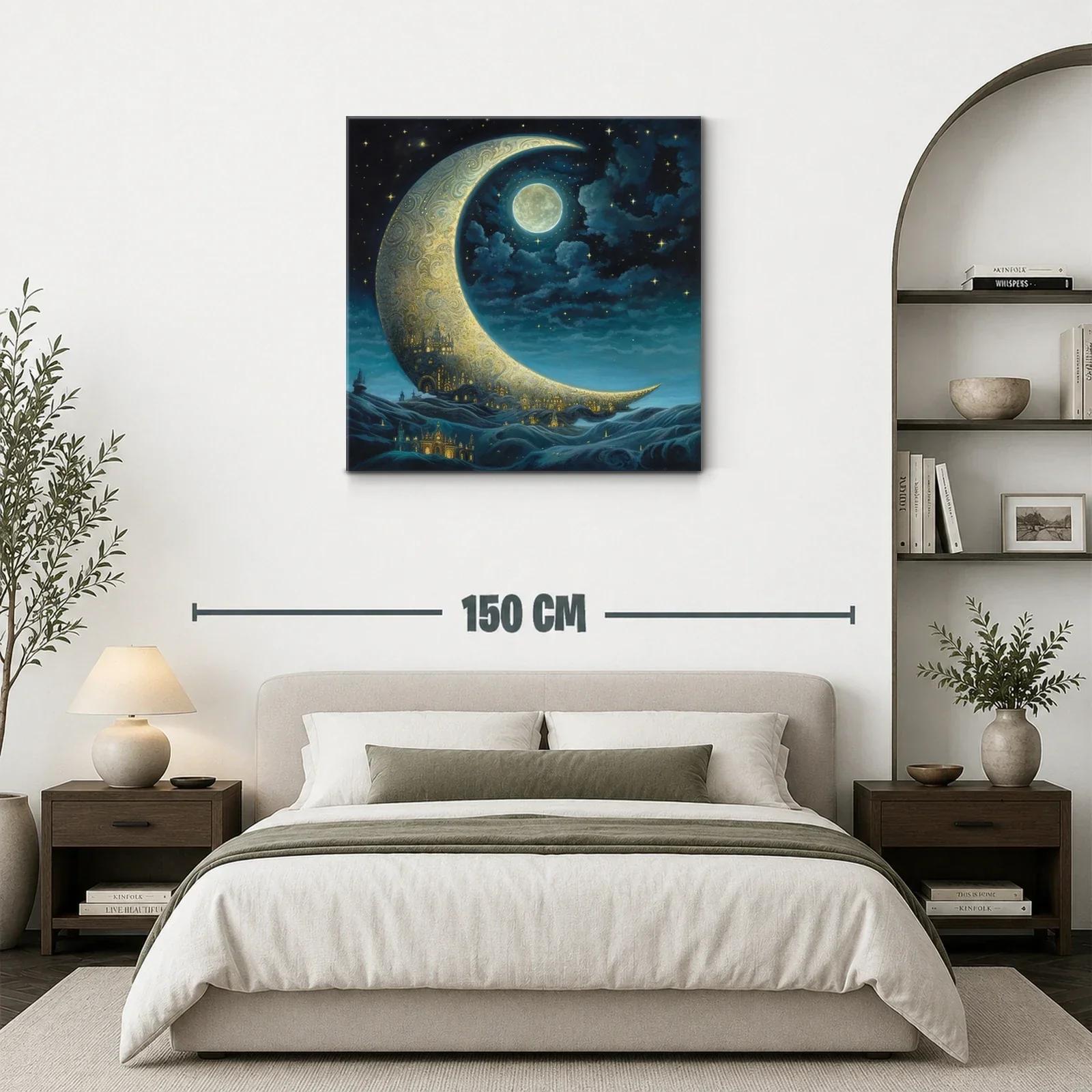 Paisaje nocturno con luna creciente y ciudad dorada — miniatura 3