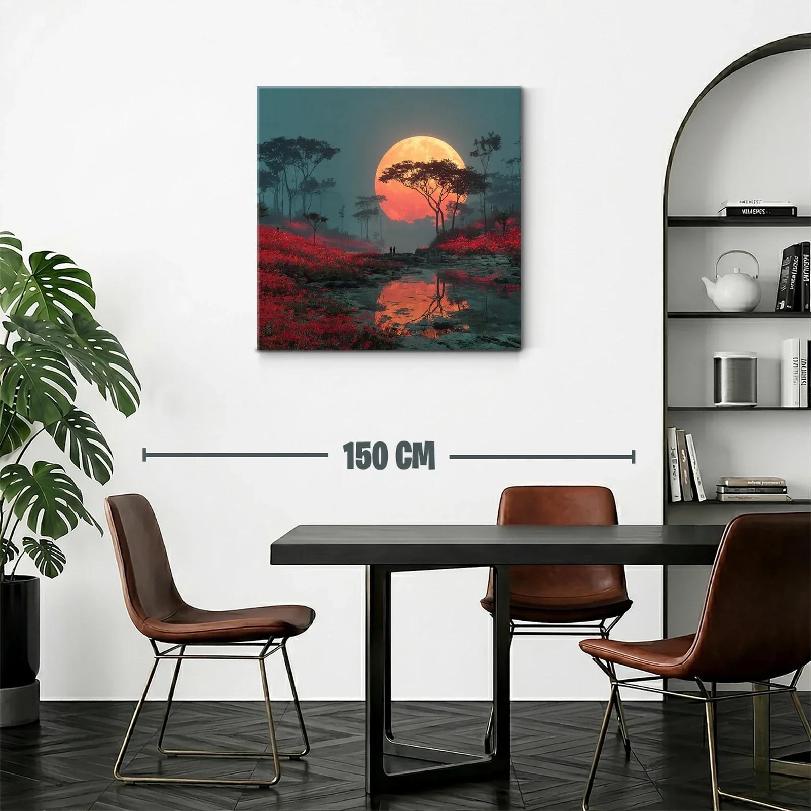 Paisaje nocturno con luna llena y campo rojo vibrante — miniatura 2