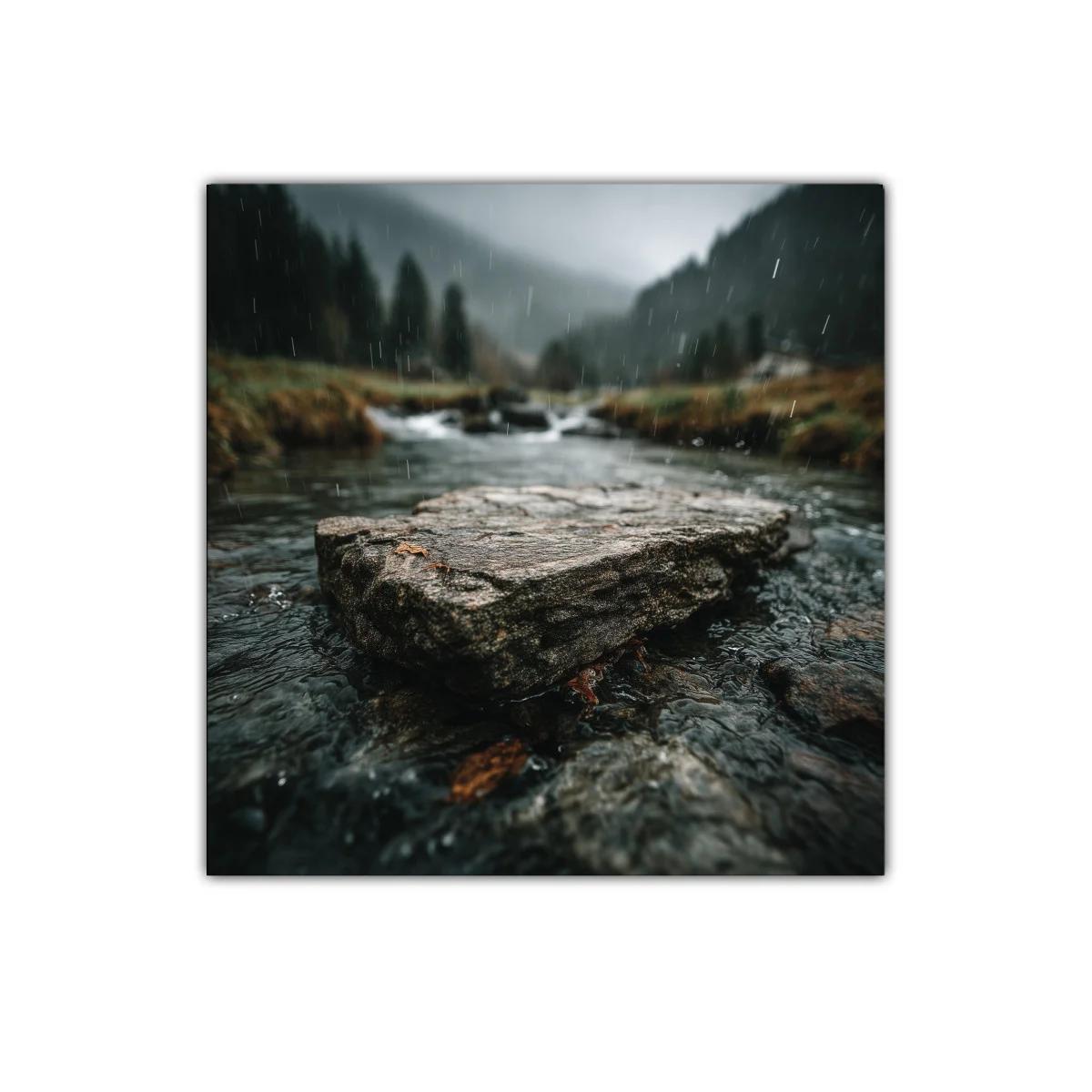 Paisaje natural con río y lluvia en tonos verdes y grises — miniatura 1