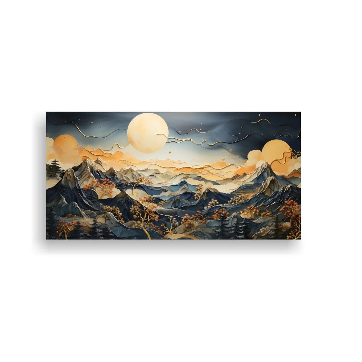 Cuadro paisaje de montañas con luna llena y otra esfera luminosa — imagen principal