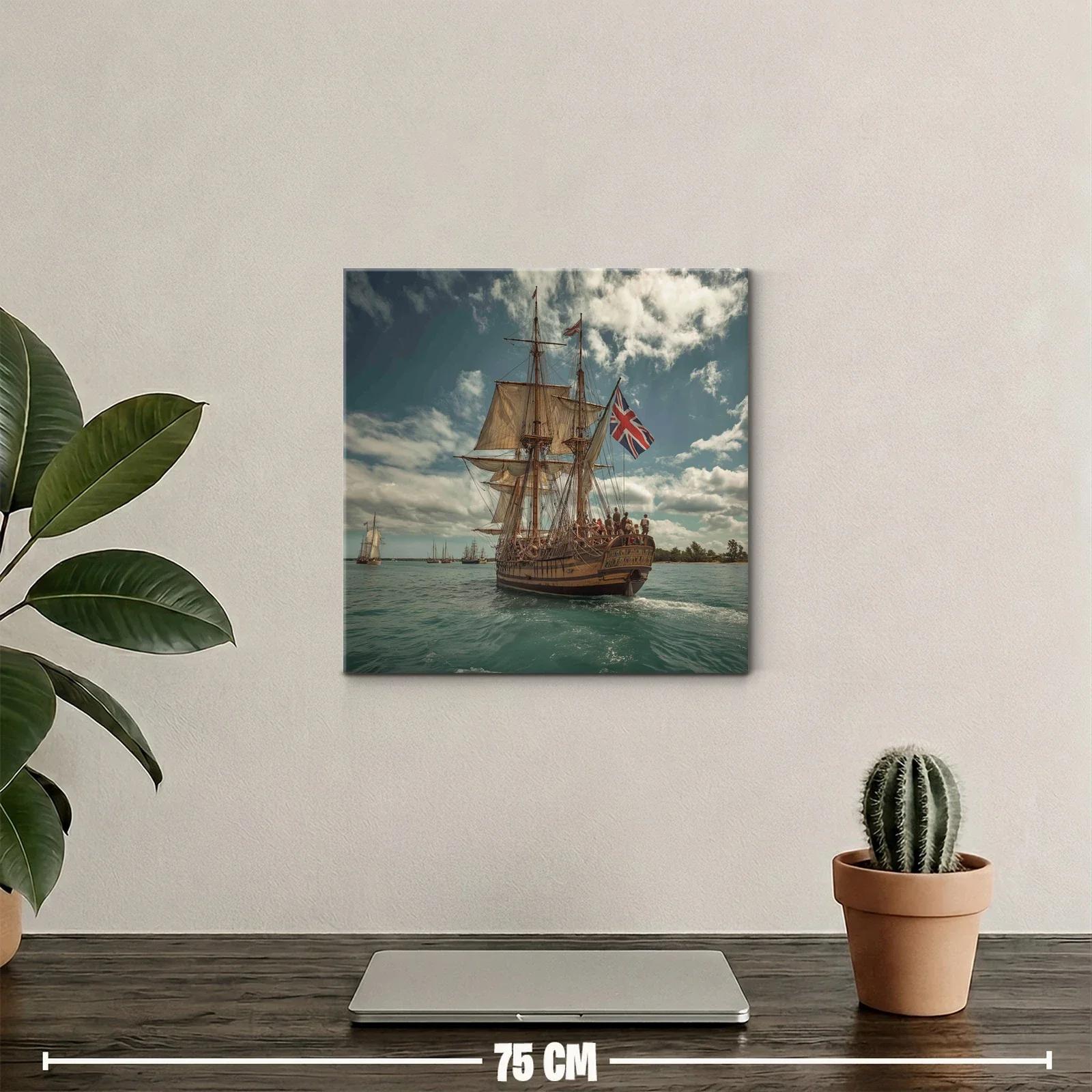 Barco antiguo con velas y bandera británica en el mar — miniatura 2