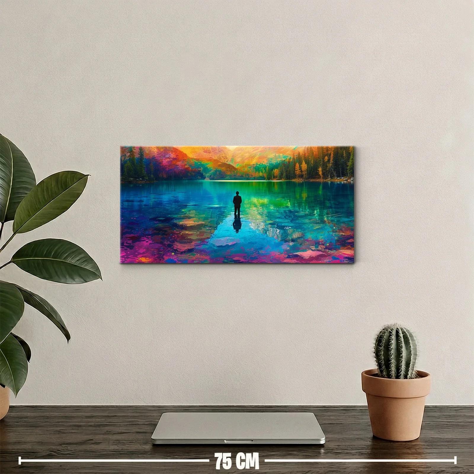 Cuadro figura solitaria junto a un lago con reflejos dorados — miniatura 2