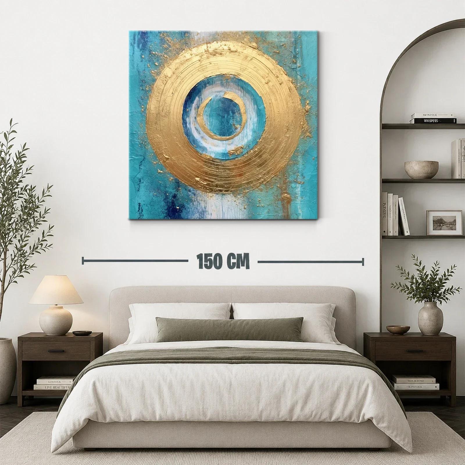 Cuadro abstracto con círculos dorados y fondo turquesa — miniatura 3