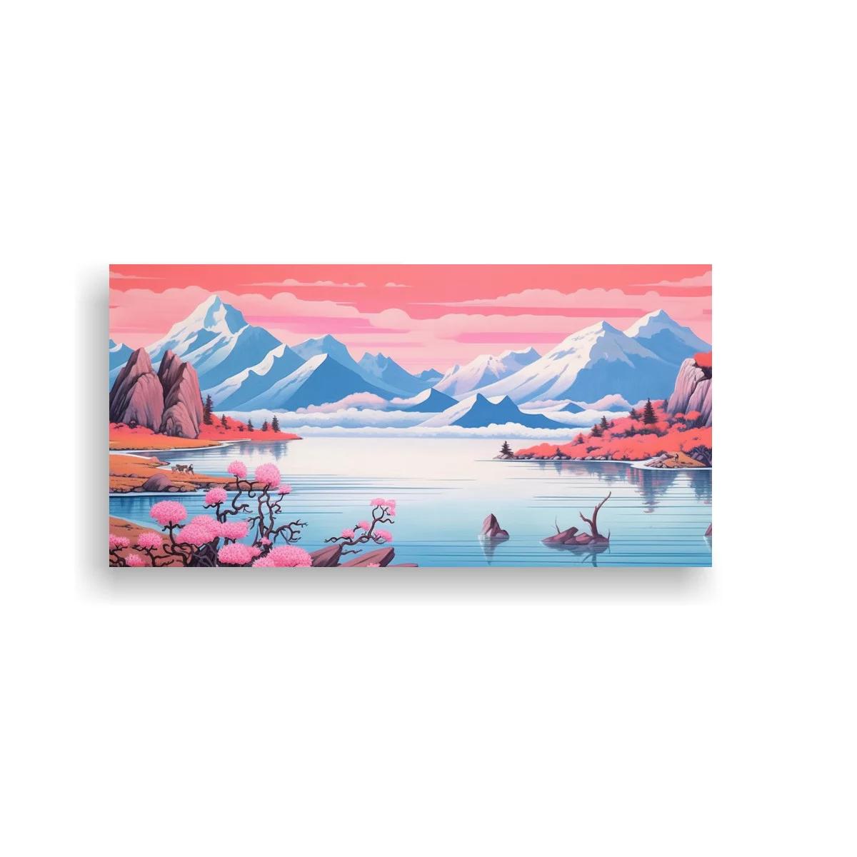 Cuadro lago de montaña con cisnes y flores rosadas