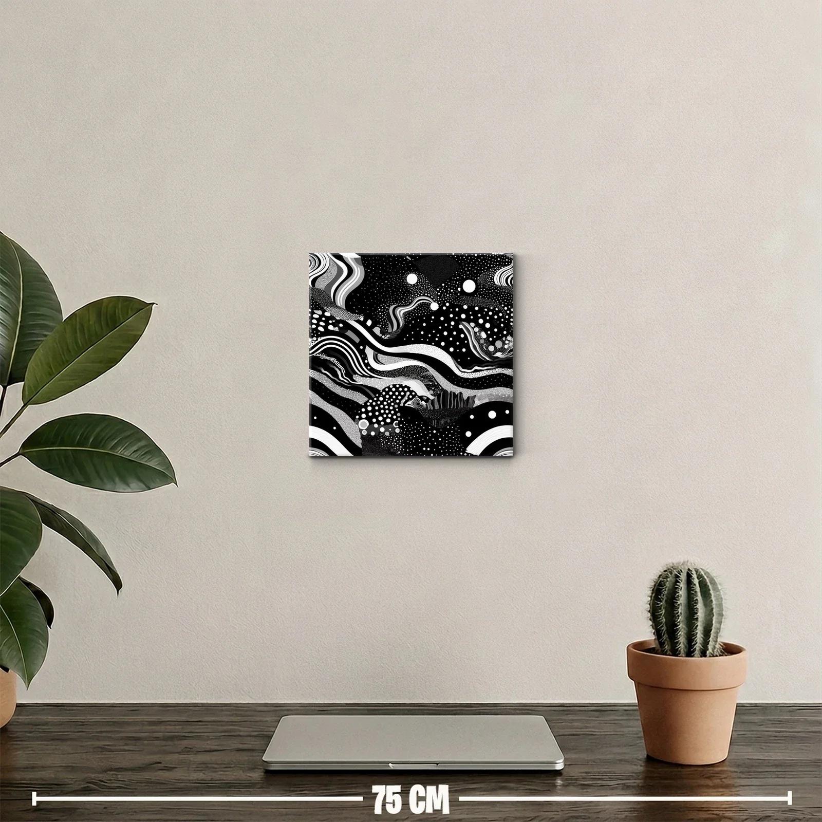 Cuadro abstracto en blanco y negro con formas y puntos dinámicos — miniatura 2