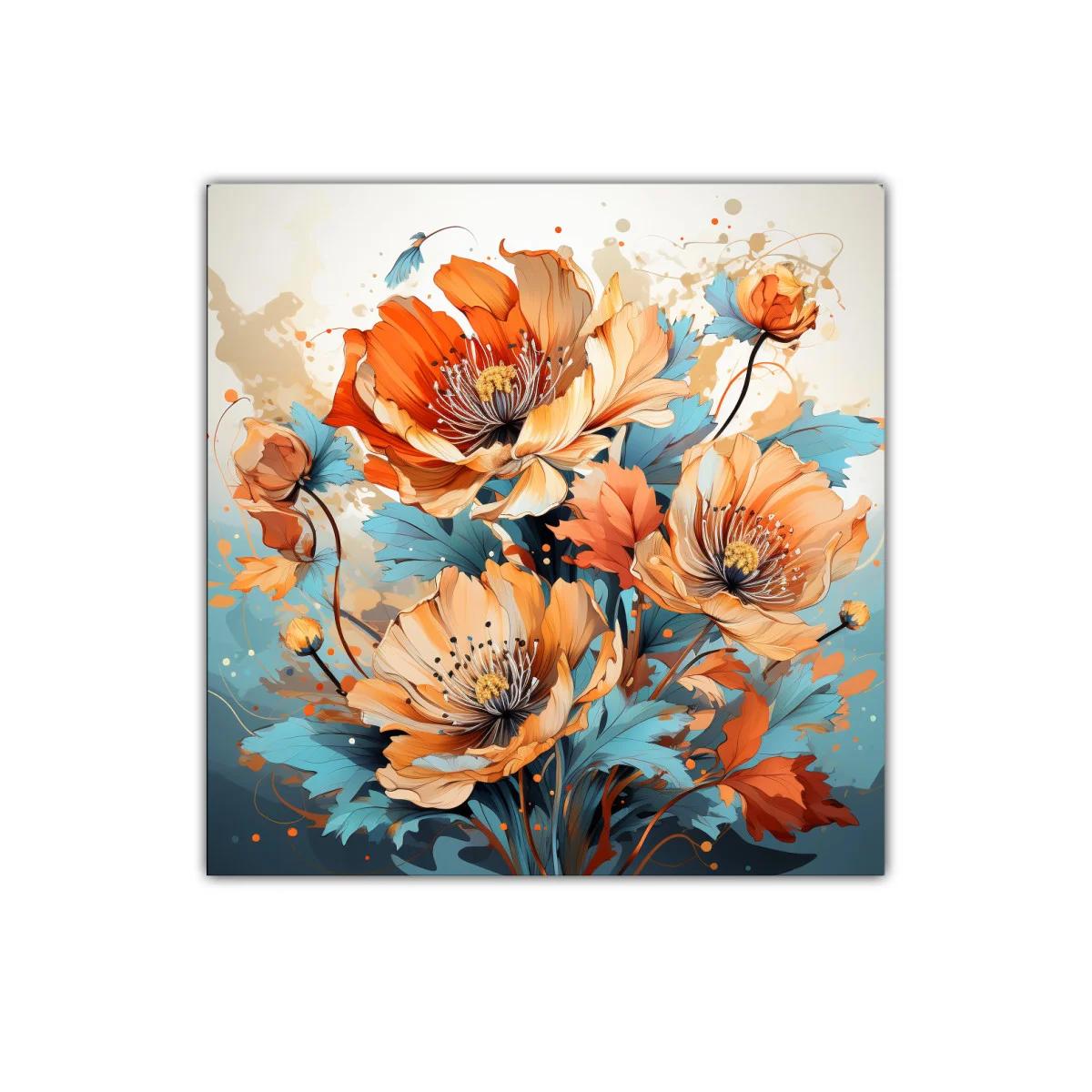 Cuadro decorativo con flores vibrantes y delicadas hojas azules