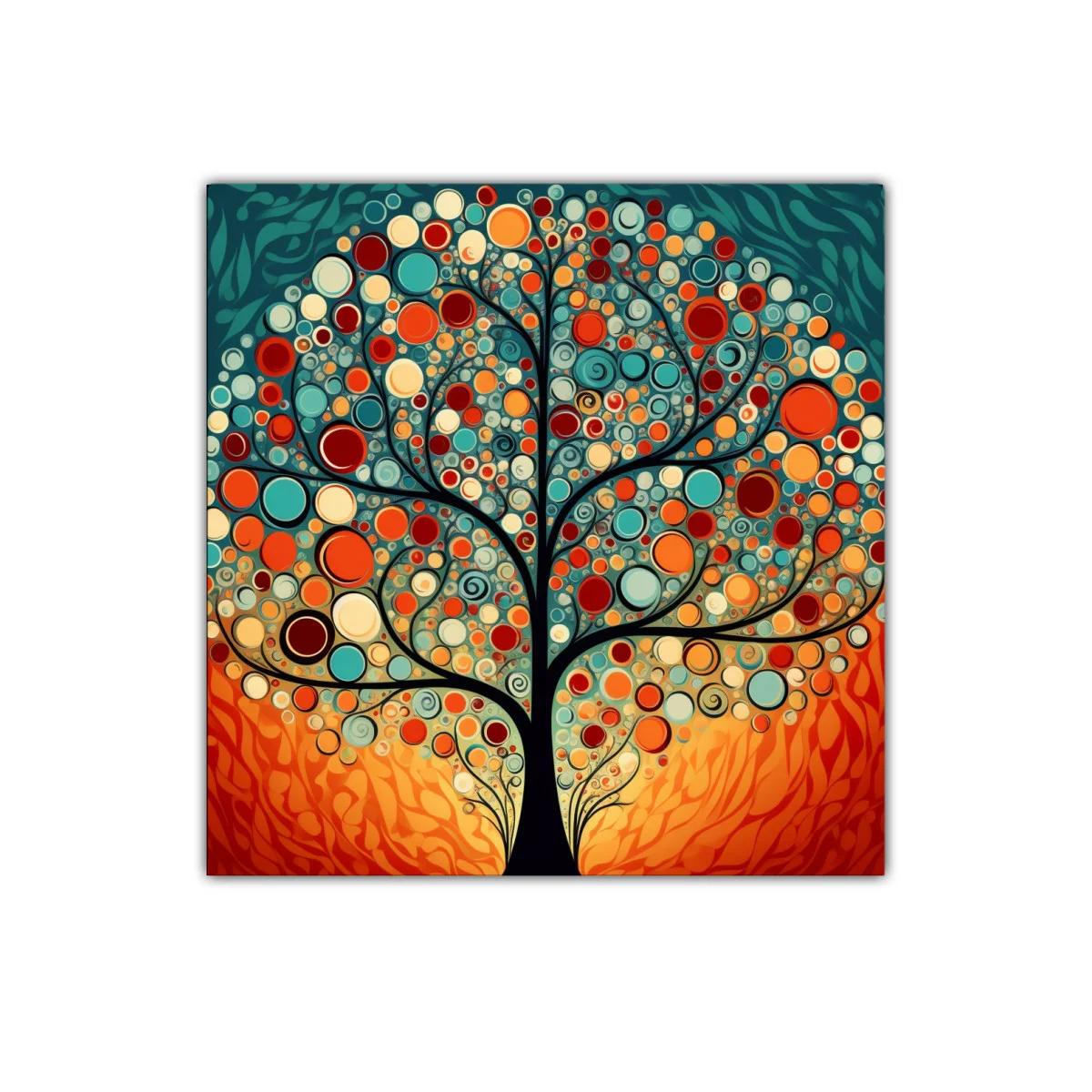 Árbol estilizado con círculos de colores vivos y cálidos