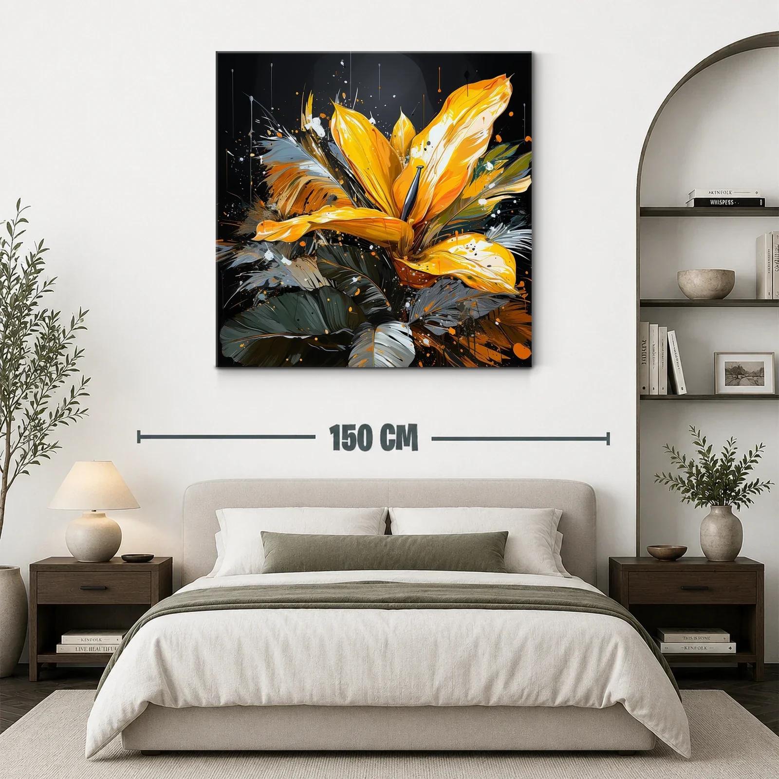 Cuadro vibrante con flor amarilla y hojas en tonos oscuros — miniatura 3
