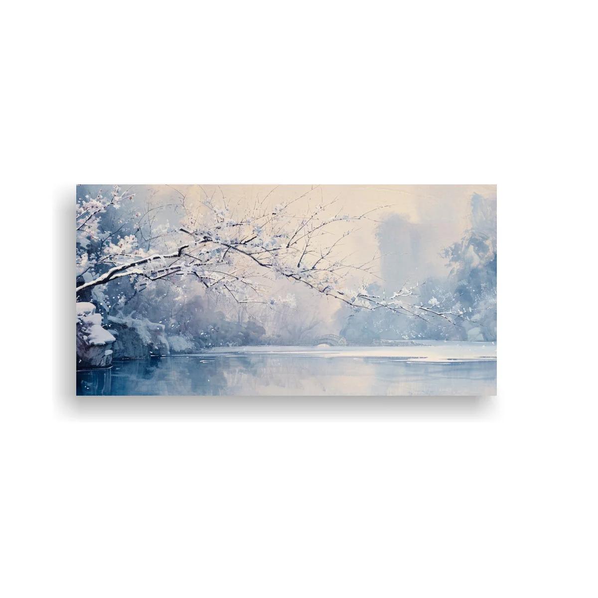 Cuadro paisaje invernal con lago y ramas nevadas — imagen principal