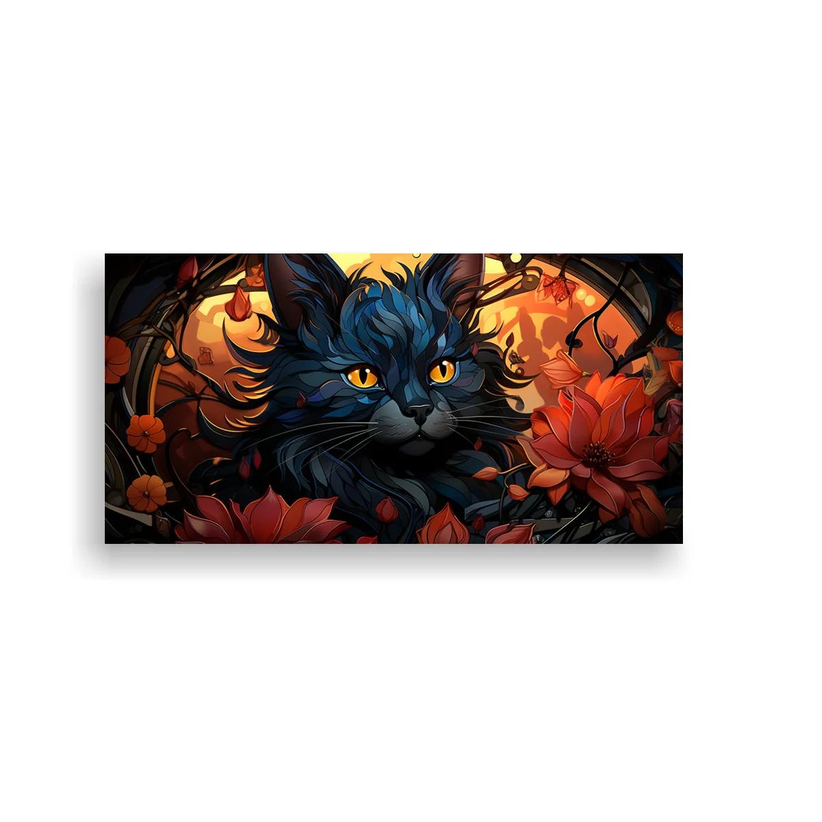 Cuadro gato negro de ojos amarillos rodeado por flores y ramas