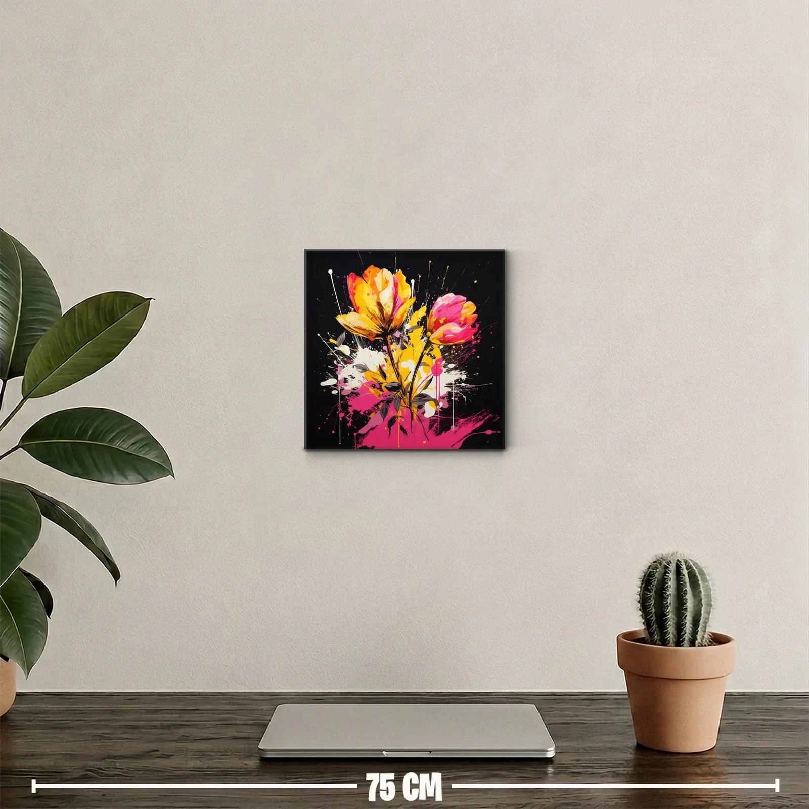 Cuadro floral vibrante con tonos rosas y amarillos intensos — miniatura 2