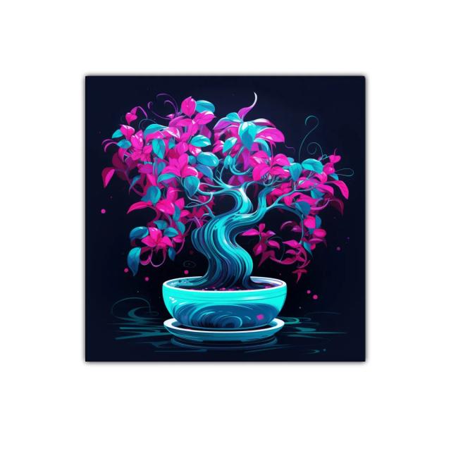 Bonsái vibrante con hojas en tonos fucsias y turquesas