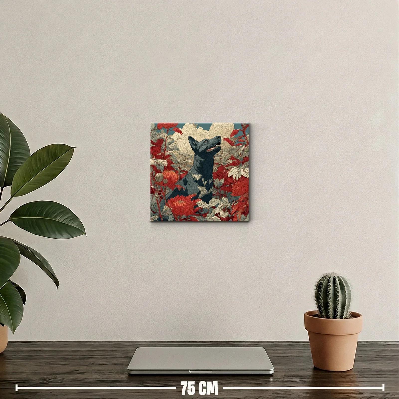 Perro entre flores rojas y follaje delicado — miniatura 2