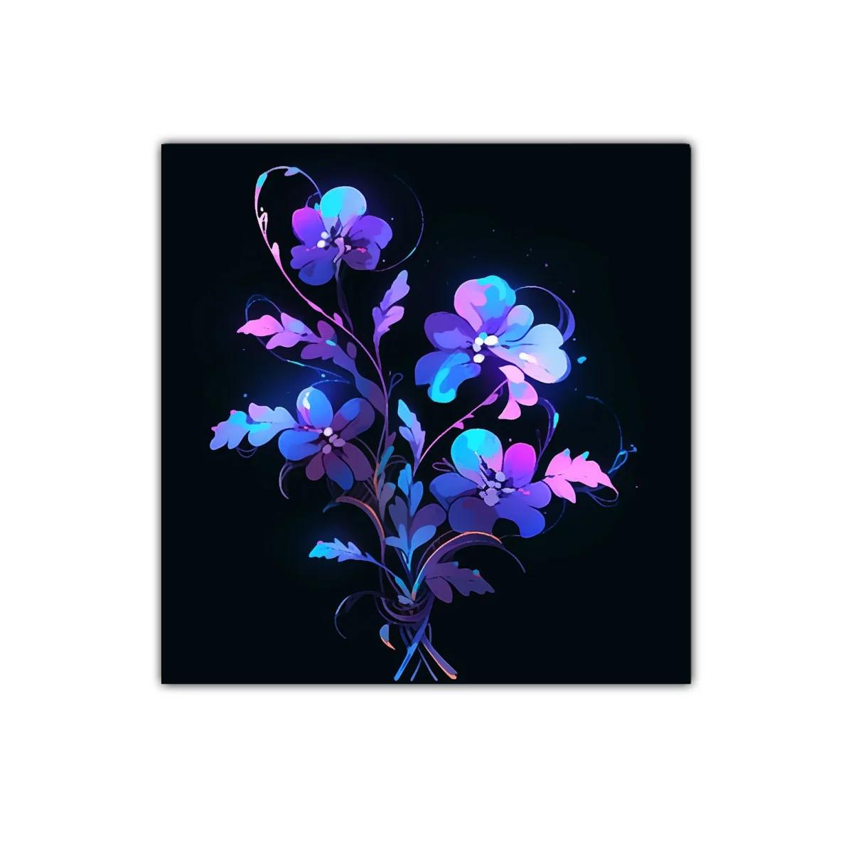 Ramo de flores en tonos violetas y azules sobre fondo oscuro