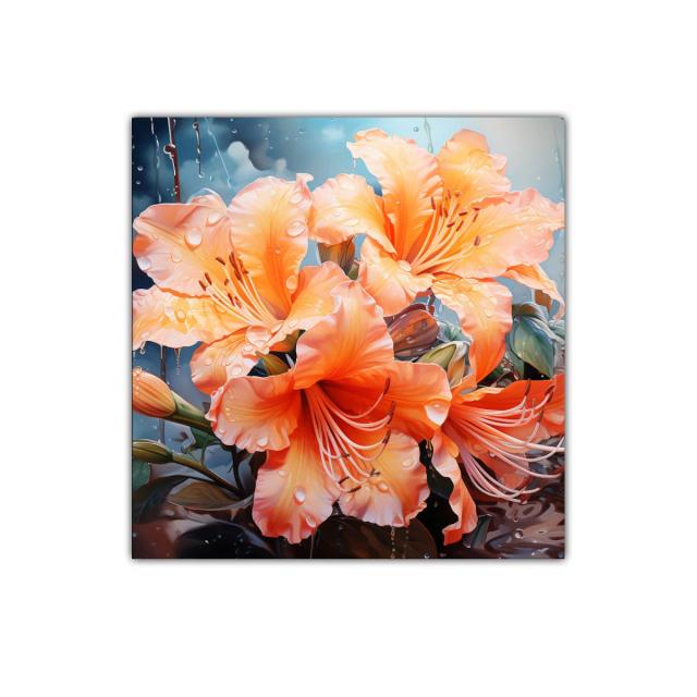Cuadro decorativo con flores naranjas y gotas de agua