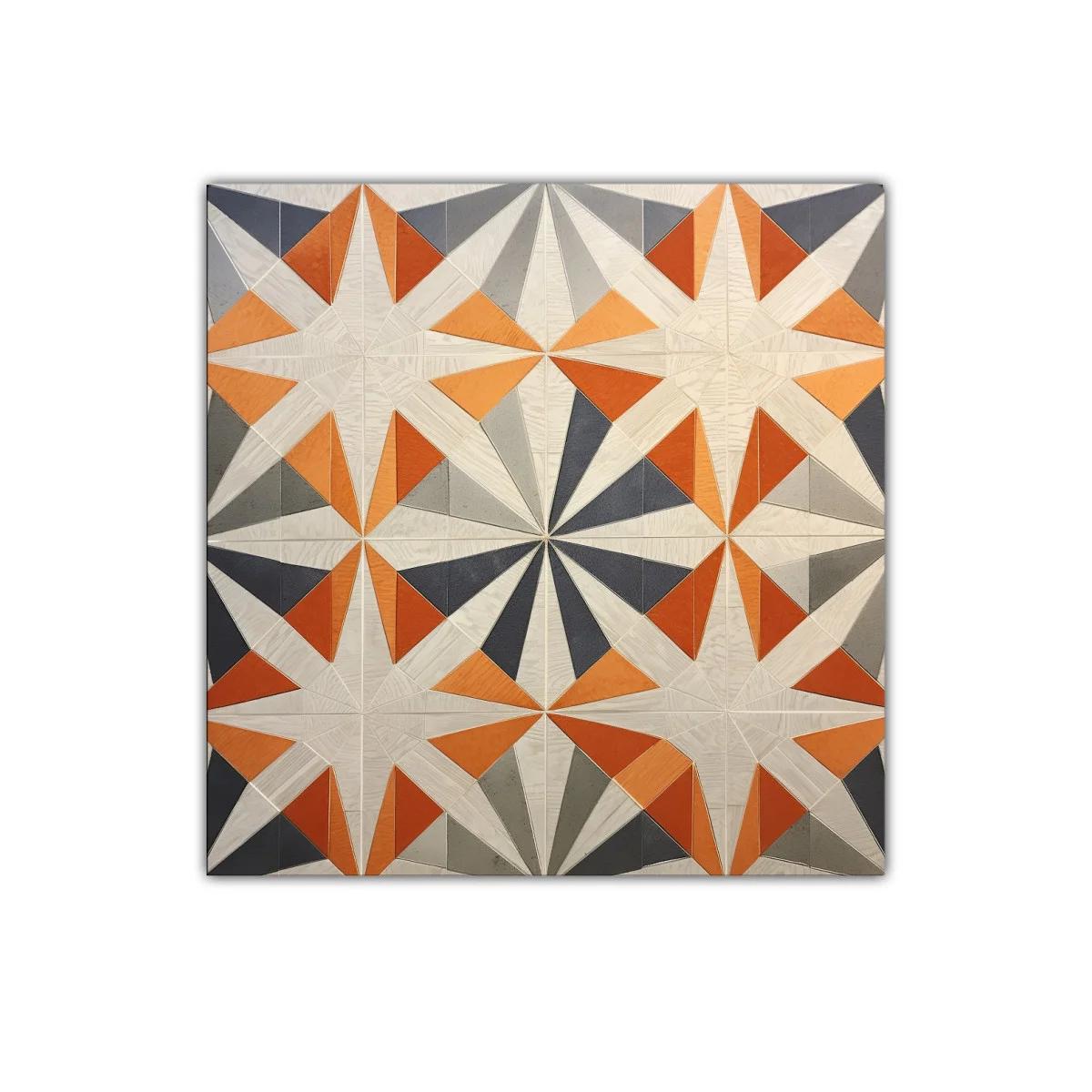 Cuadro geométrico con estrellas naranjas y grises vibrantes