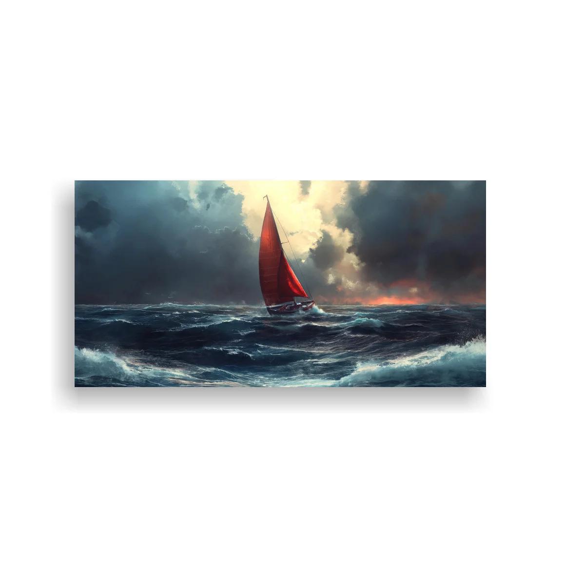 Cuadro velero de vela roja entre olas altas