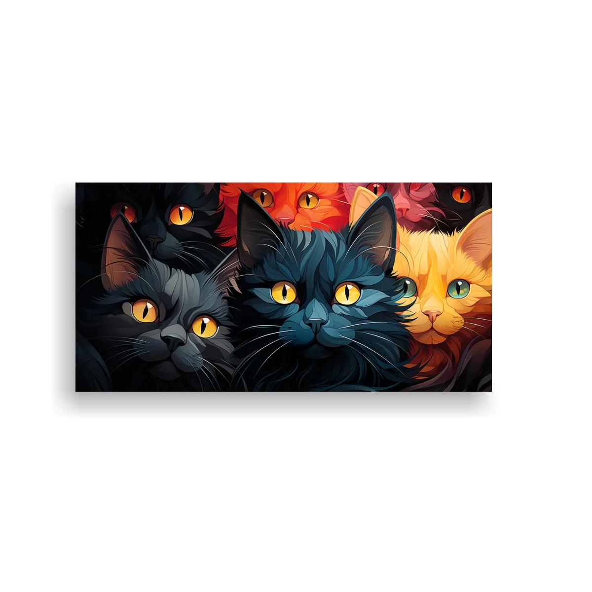 Cuadro grupo de gatos de ojos amarillos con sombras profundas