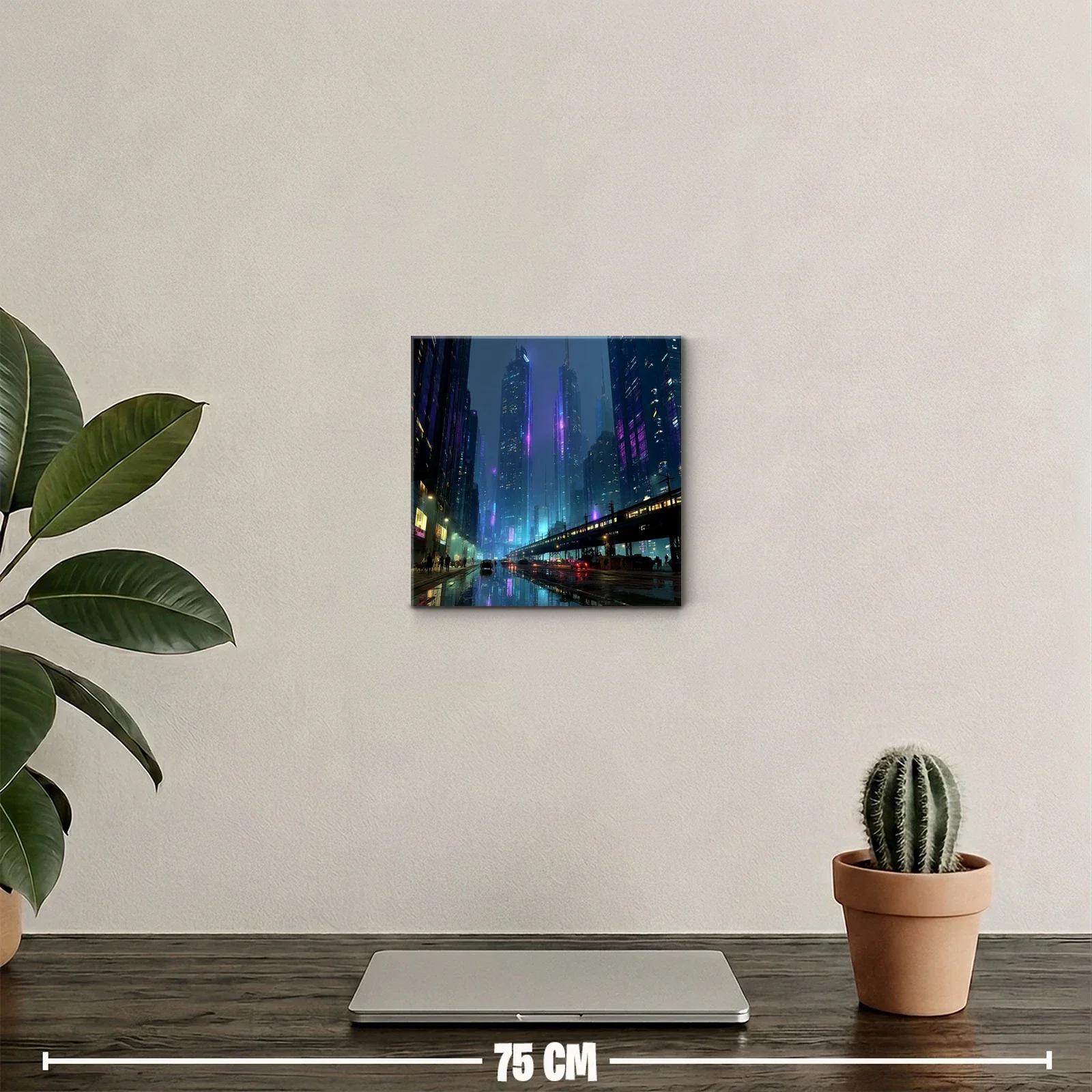 Ciudad nocturna futurista con luces de neón y reflejos urbanos — miniatura 2