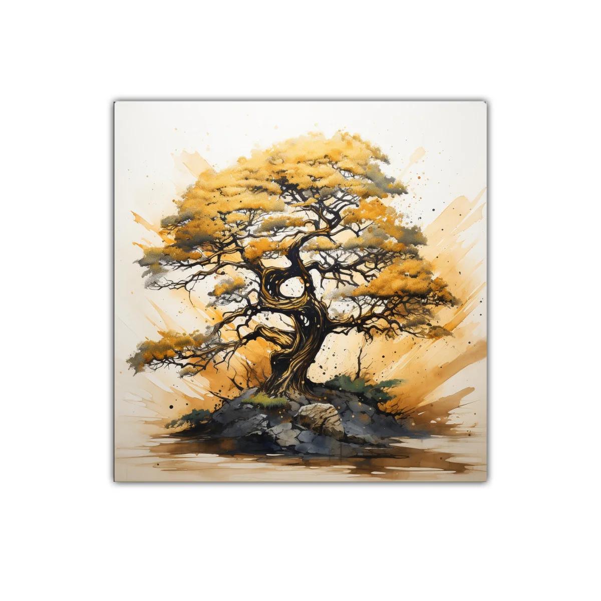 Árbol dorado entre rocas con ambiente natural y sereno