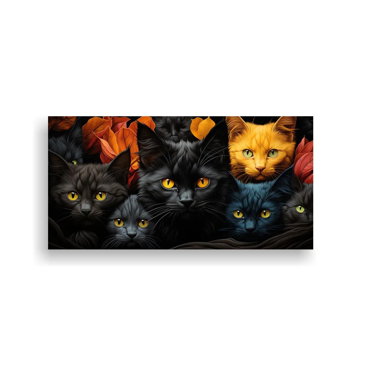 Cuadro de gatos negros y un gato naranja entre hojas otoñales