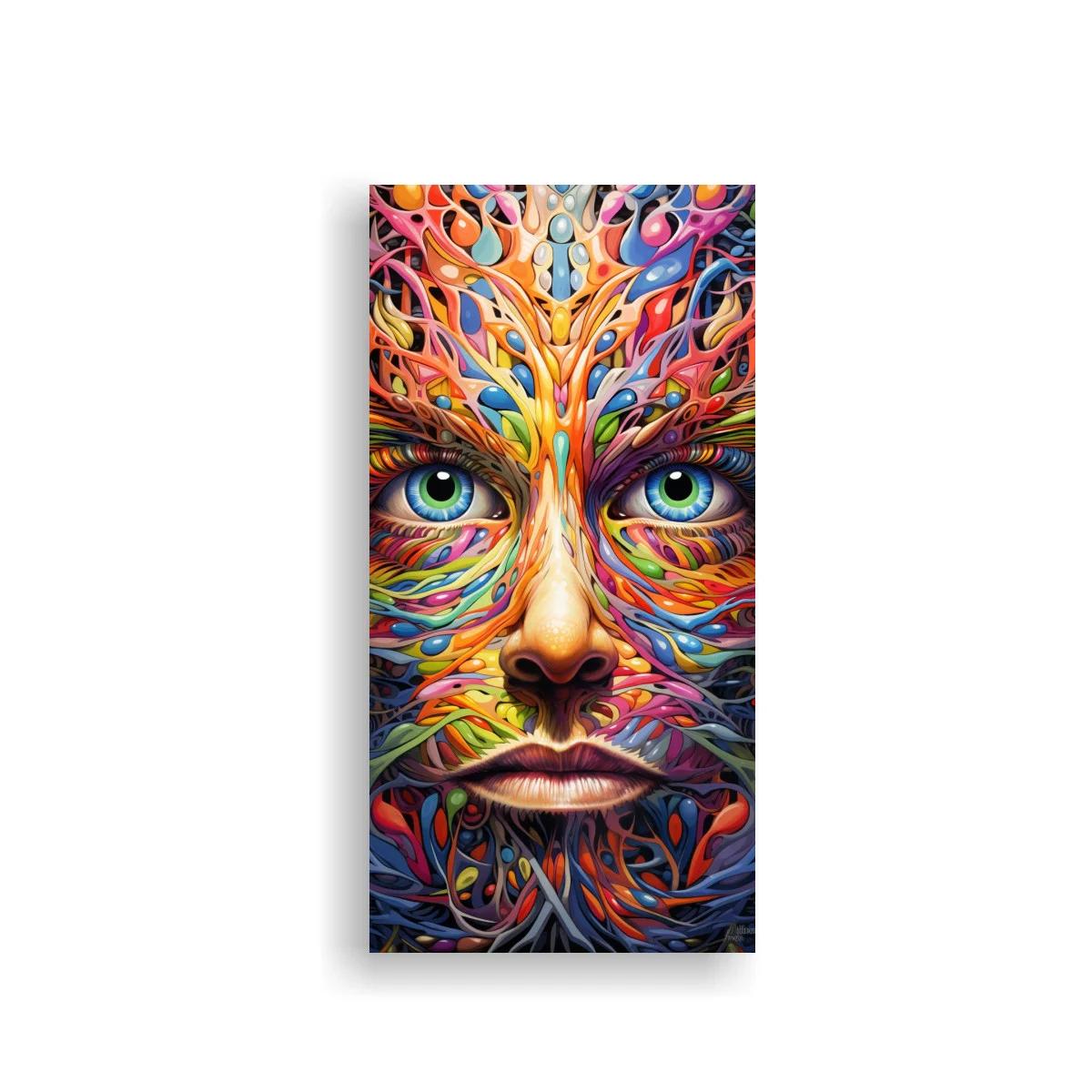 Cuadro rostro humano multicolor con patrones orgánicos simétricos
