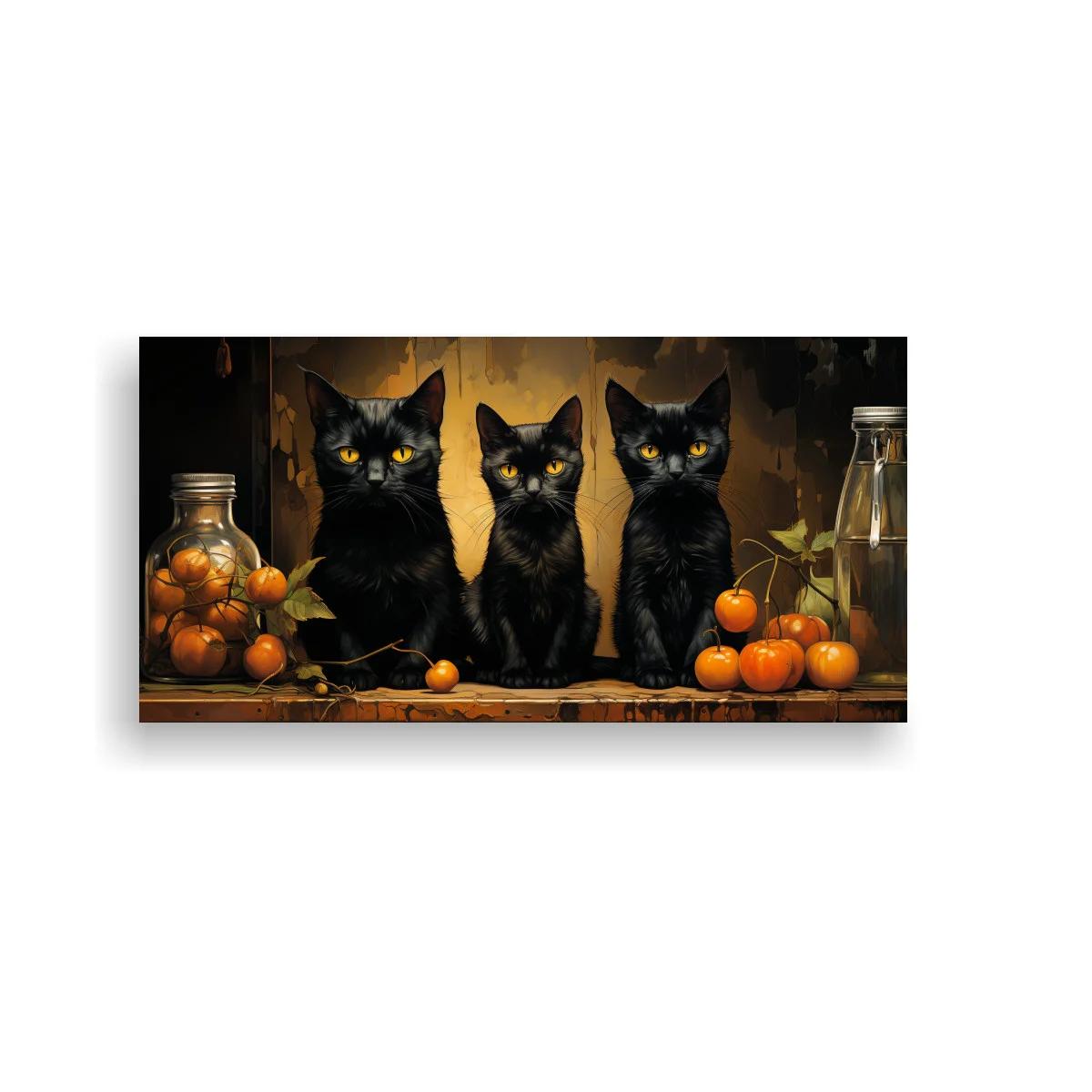 Cuadro tres gatos negros con frutas y botella de vidrio